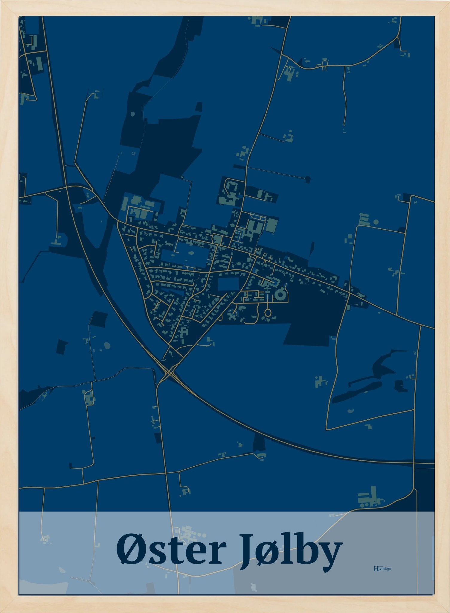 Øster Jølby plakat i farve mørk blå og HjemEgn.dk design firkantet. Design bykort for Øster Jølby