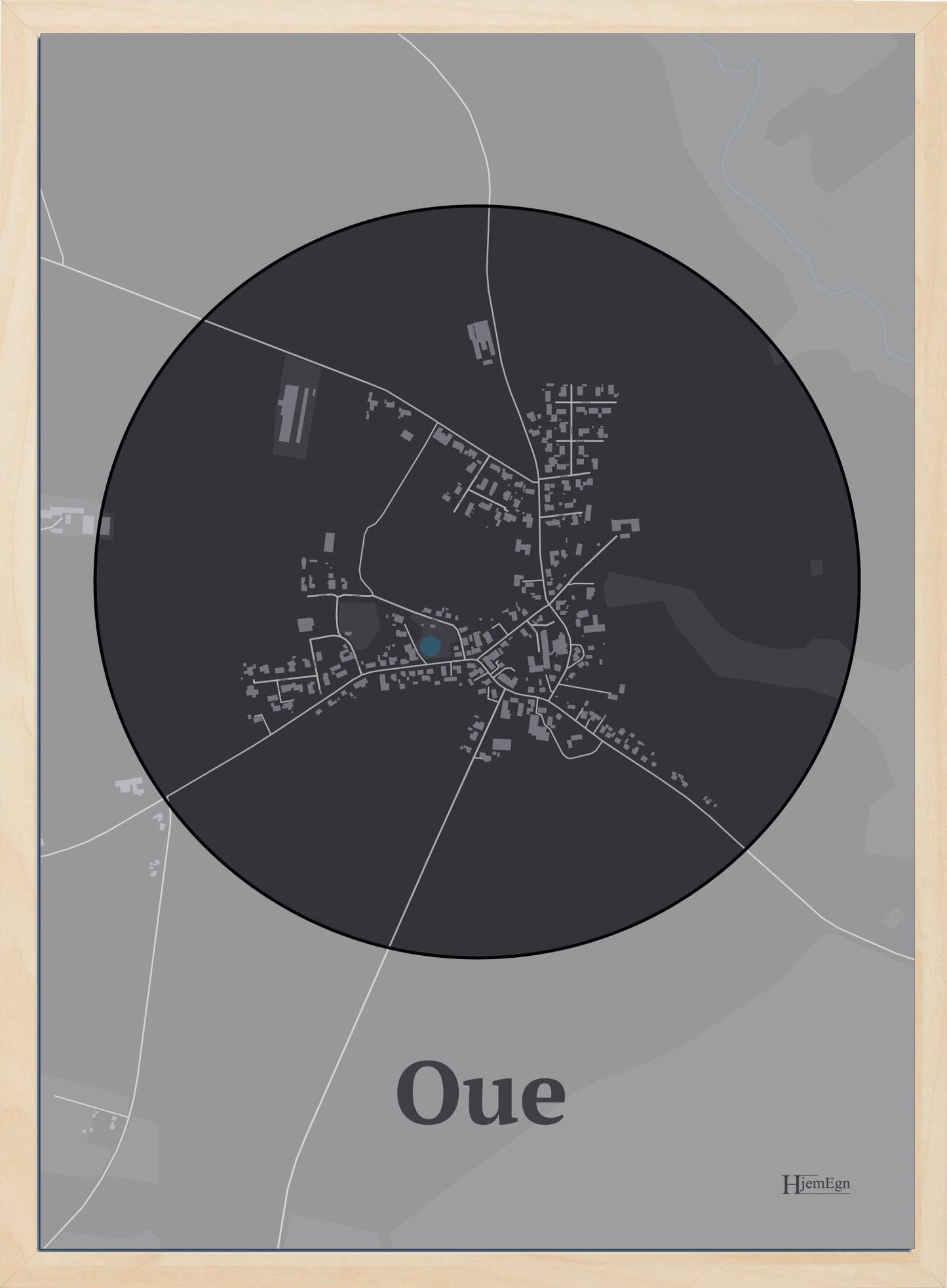 Oue plakat i farve mørk brun og HjemEgn.dk design centrum. Design bykort for Oue