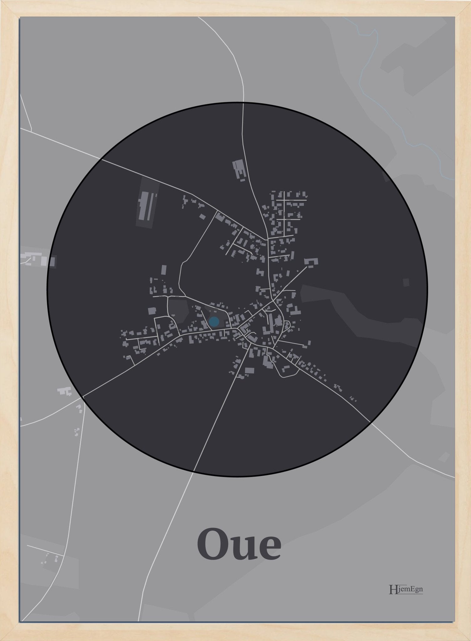 Oue plakat i farve mørk brun og HjemEgn.dk design centrum. Design bykort for Oue