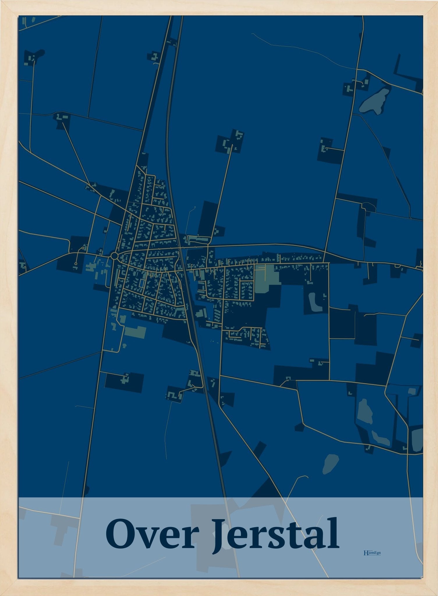 Over Jerstal plakat i farve mørk blå og HjemEgn.dk design firkantet. Design bykort for Over Jerstal