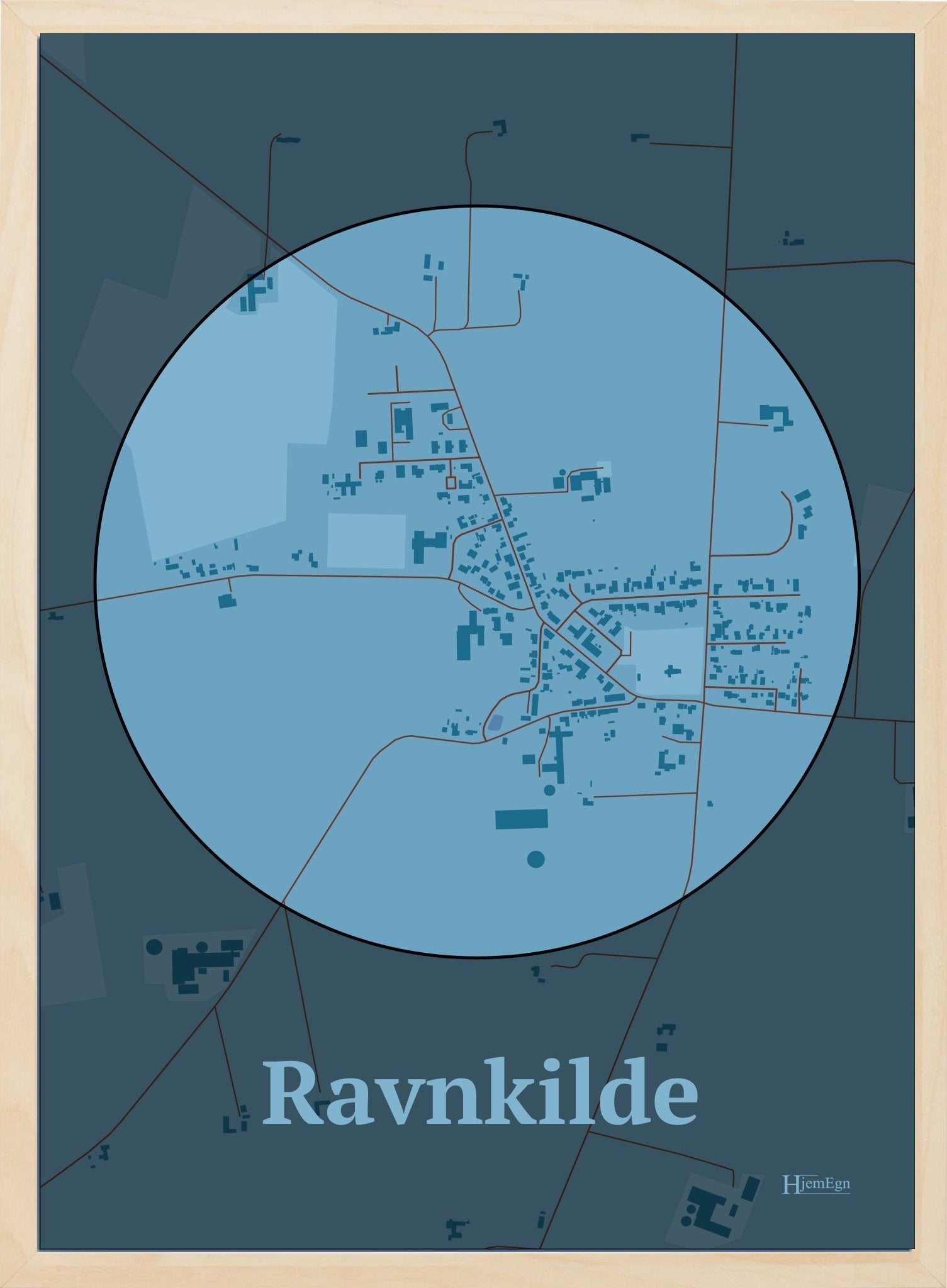 Ravnkilde plakat i farve pastel blå og HjemEgn.dk design centrum. Design bykort for Ravnkilde