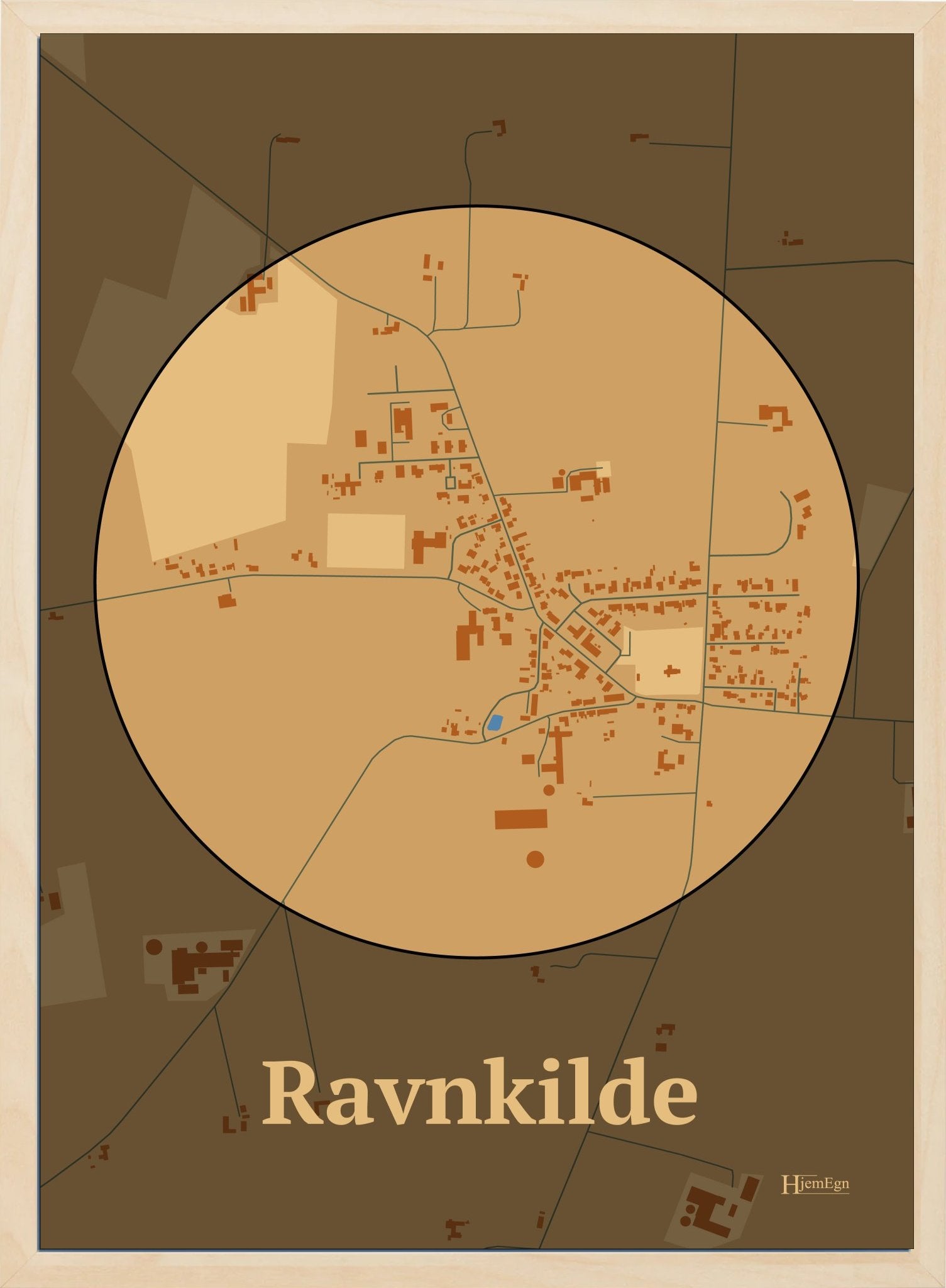 Ravnkilde plakat i farve pastel brun og HjemEgn.dk design centrum. Design bykort for Ravnkilde
