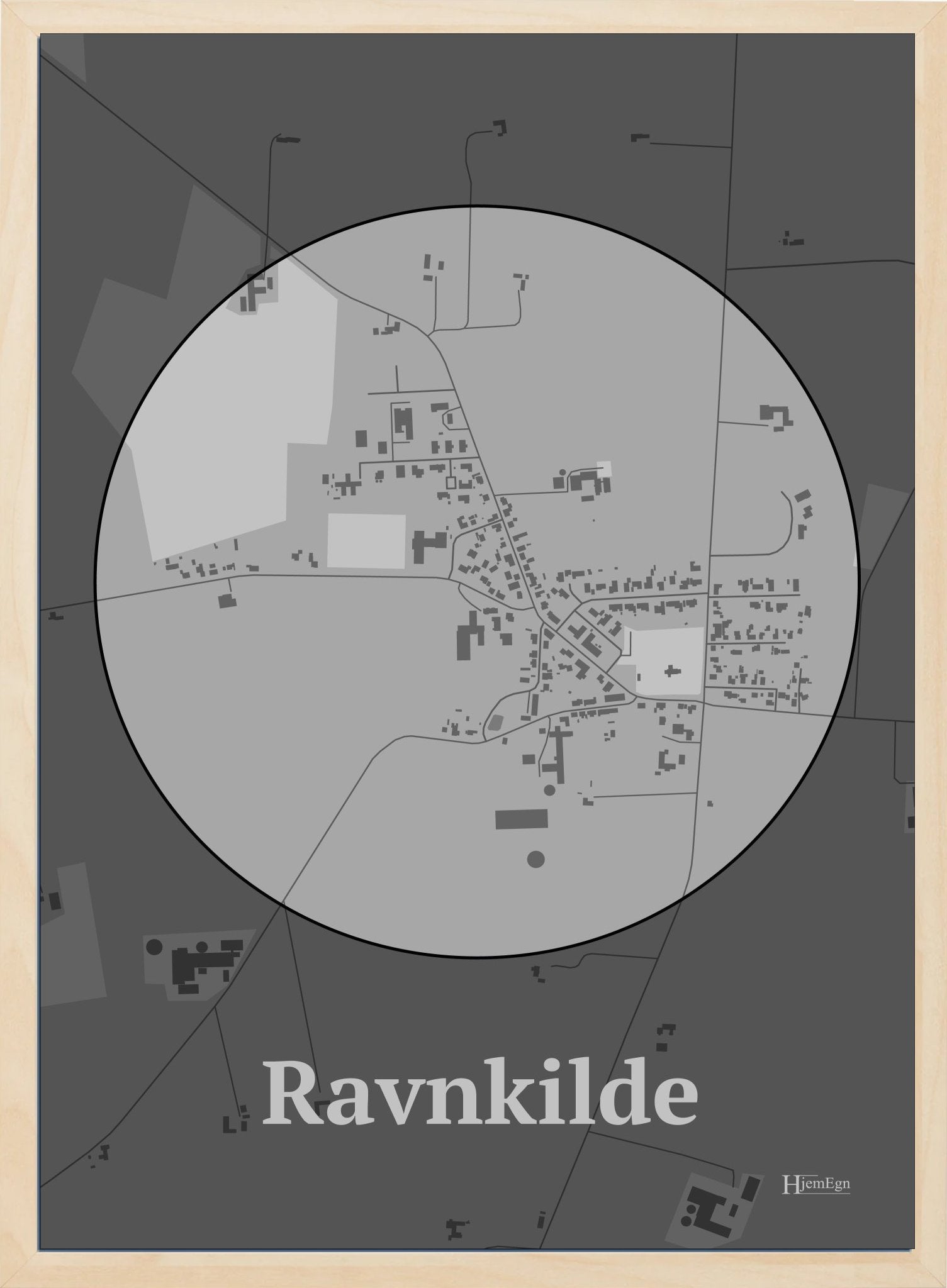 Ravnkilde plakat i farve pastel grå og HjemEgn.dk design centrum. Design bykort for Ravnkilde
