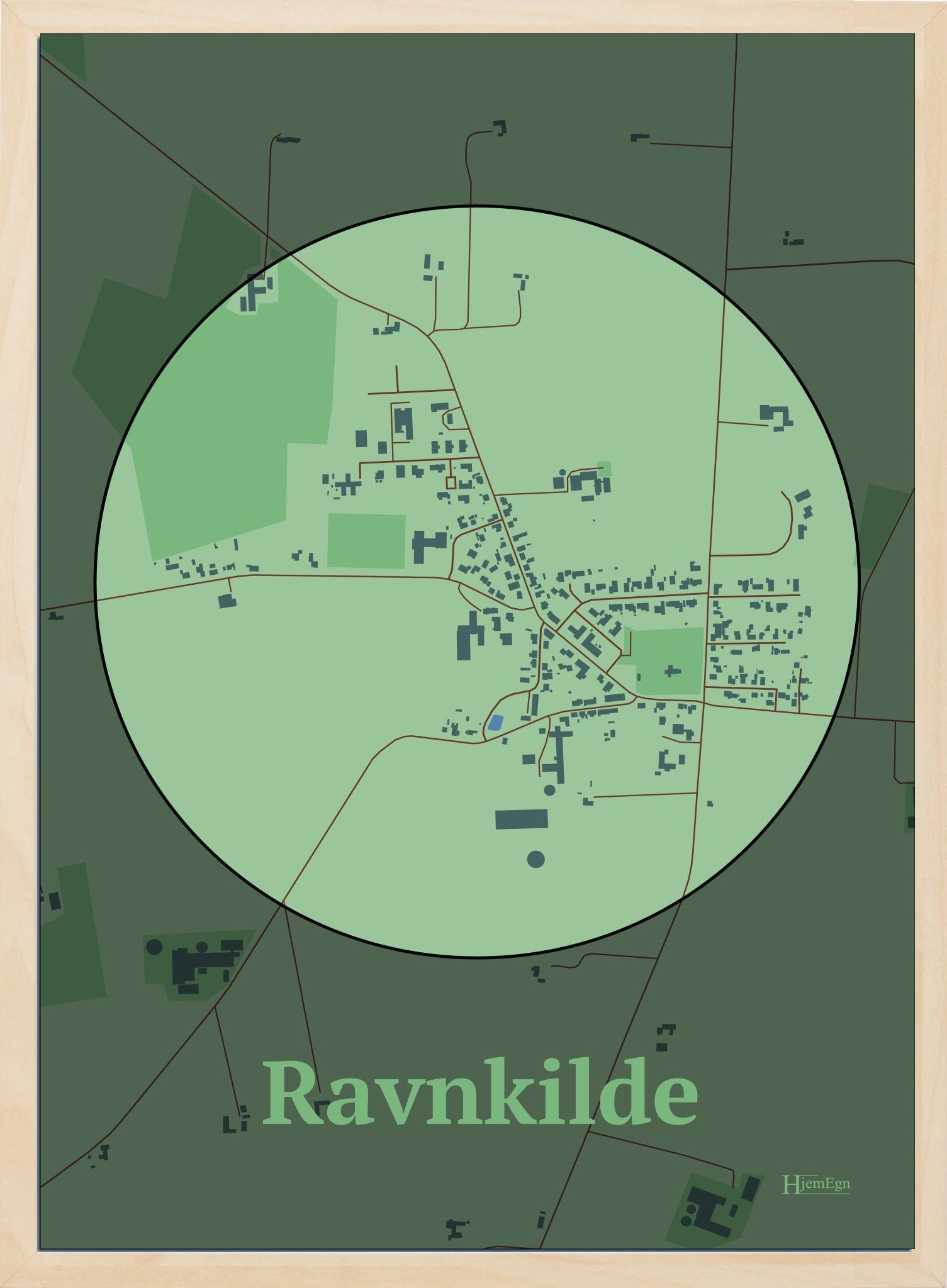 Ravnkilde plakat i farve pastel grøn og HjemEgn.dk design centrum. Design bykort for Ravnkilde