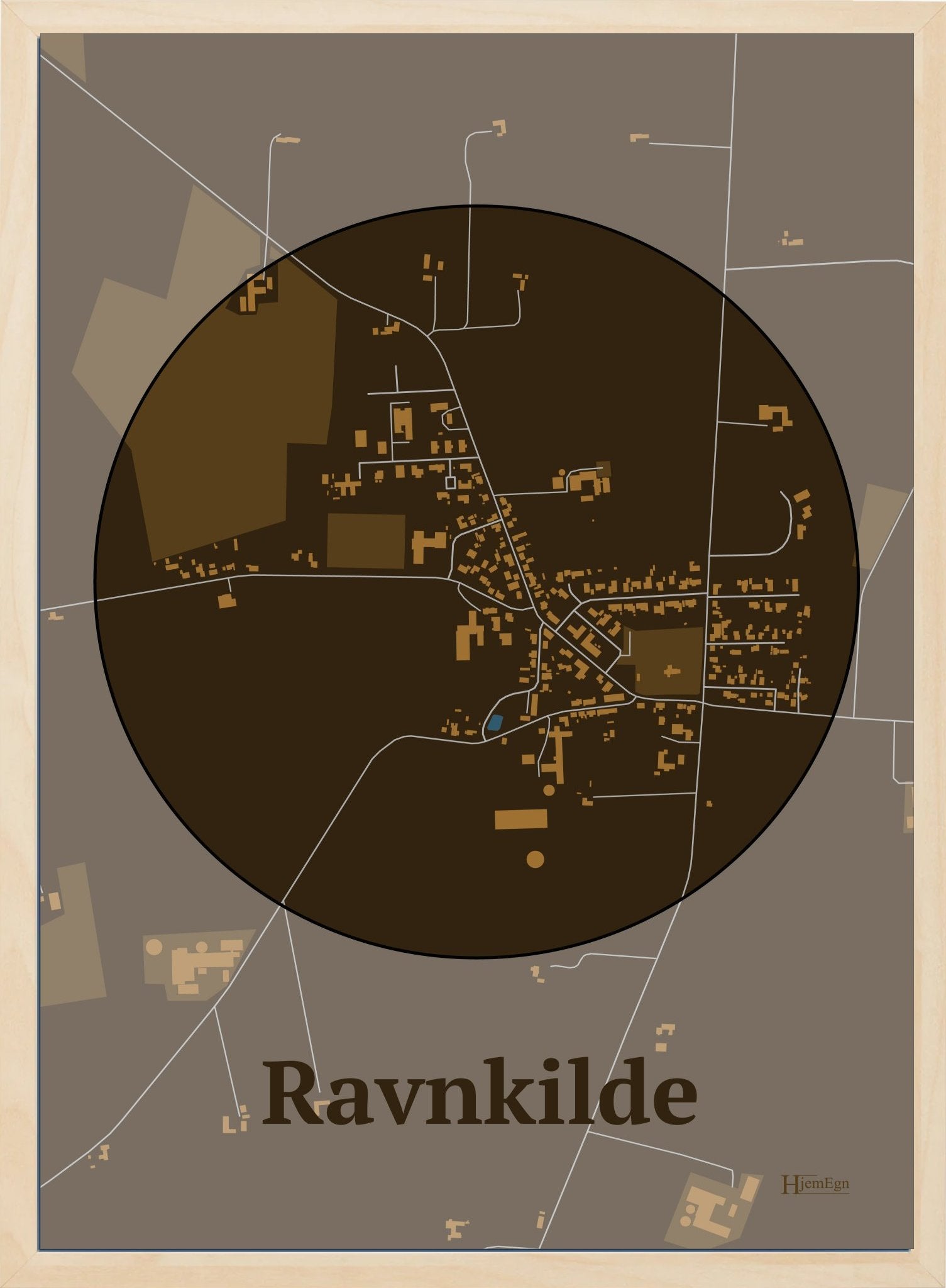 Ravnkilde plakat i farve mørk brun og HjemEgn.dk design centrum. Design bykort for Ravnkilde