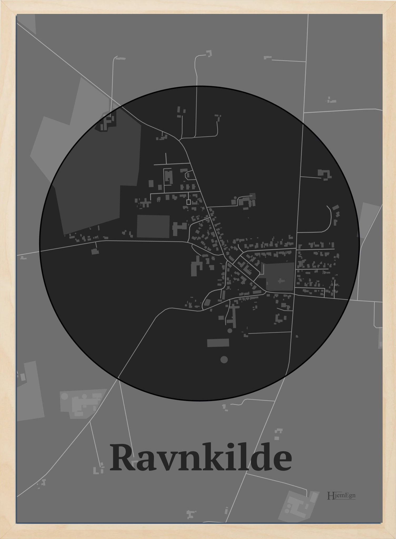 Ravnkilde plakat i farve mørk grå og HjemEgn.dk design centrum. Design bykort for Ravnkilde
