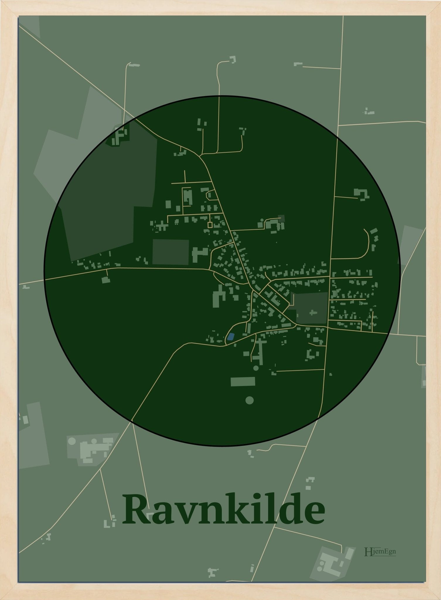 Ravnkilde plakat i farve mørk grøn og HjemEgn.dk design centrum. Design bykort for Ravnkilde