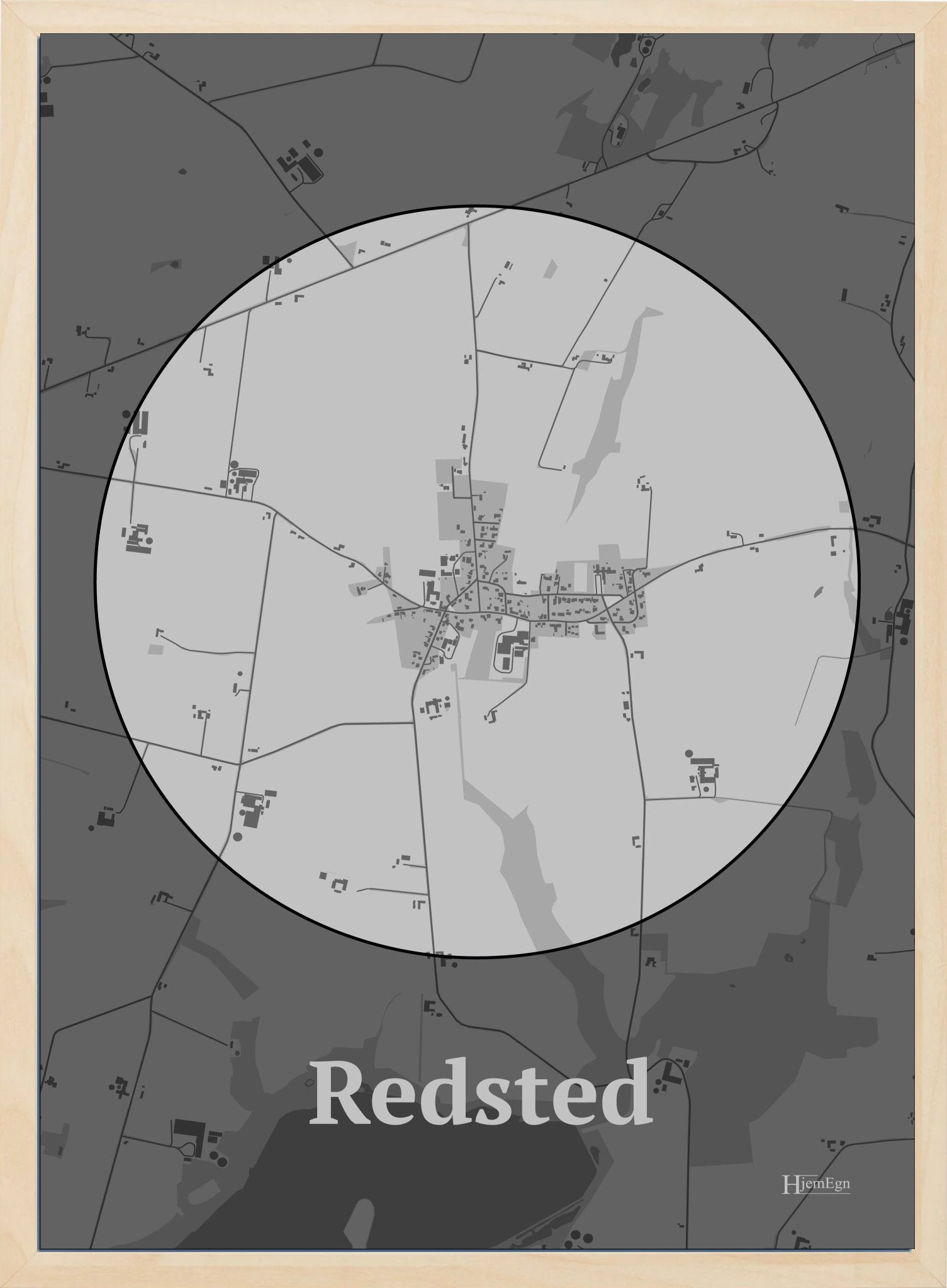 Redsted plakat i farve pastel grå og HjemEgn.dk design centrum. Design bykort for Redsted