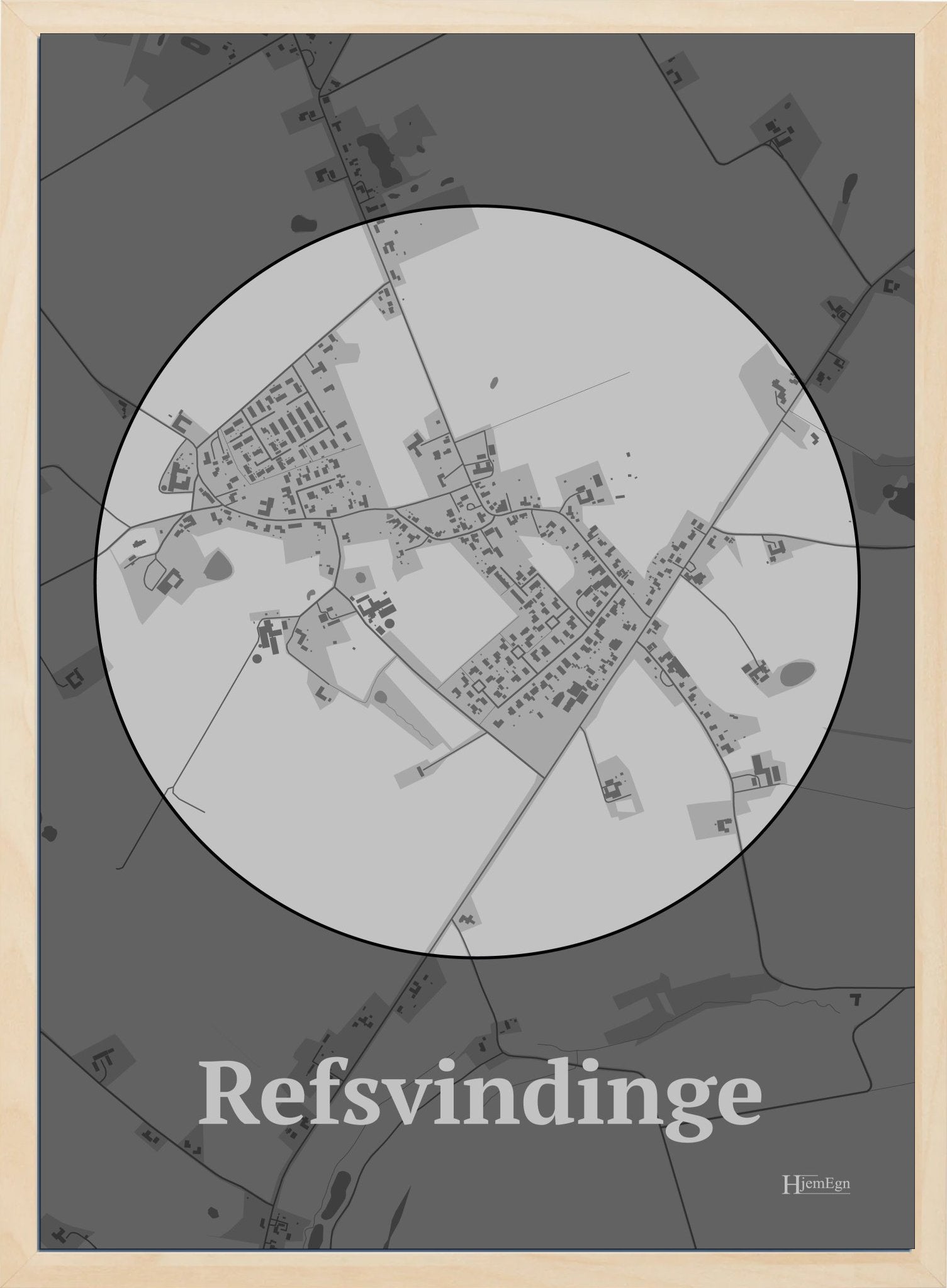 Refsvindinge plakat i farve pastel grå og HjemEgn.dk design centrum. Design bykort for Refsvindinge