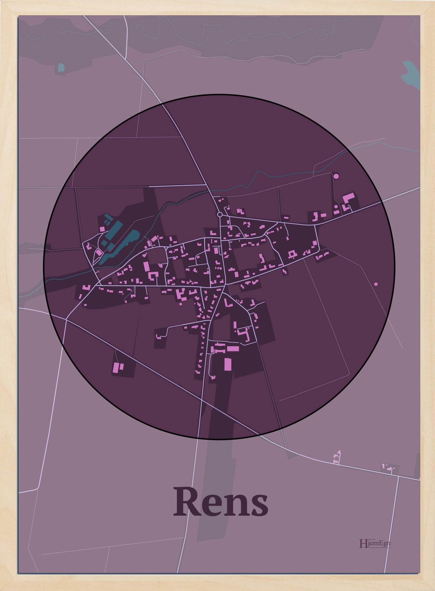 Rens plakat i farve mørk rød og HjemEgn.dk design centrum. Design bykort for Rens