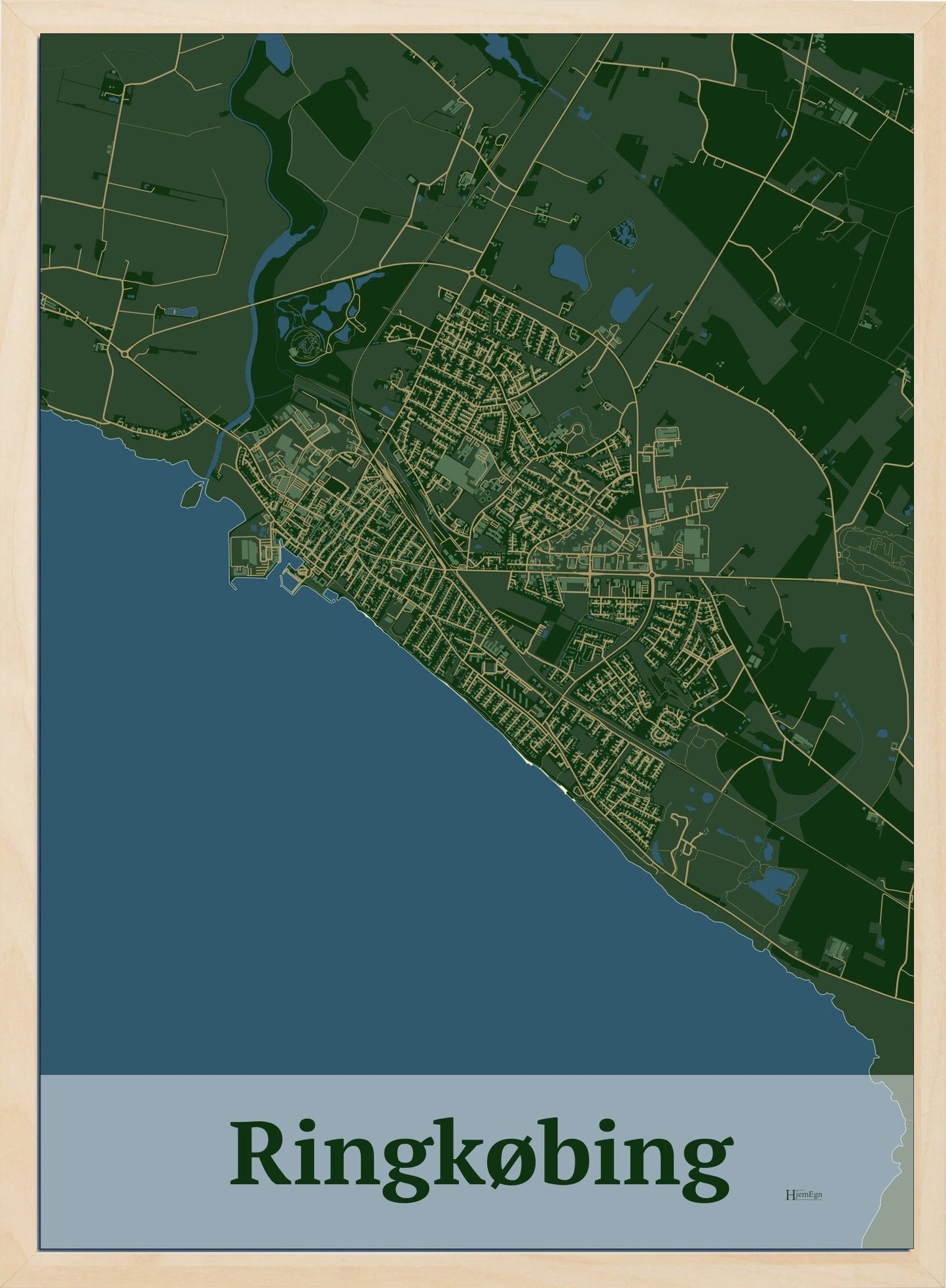 Ringkøbing plakat i farve mørk grøn og HjemEgn.dk design firkantet. Design bykort for Ringkøbing