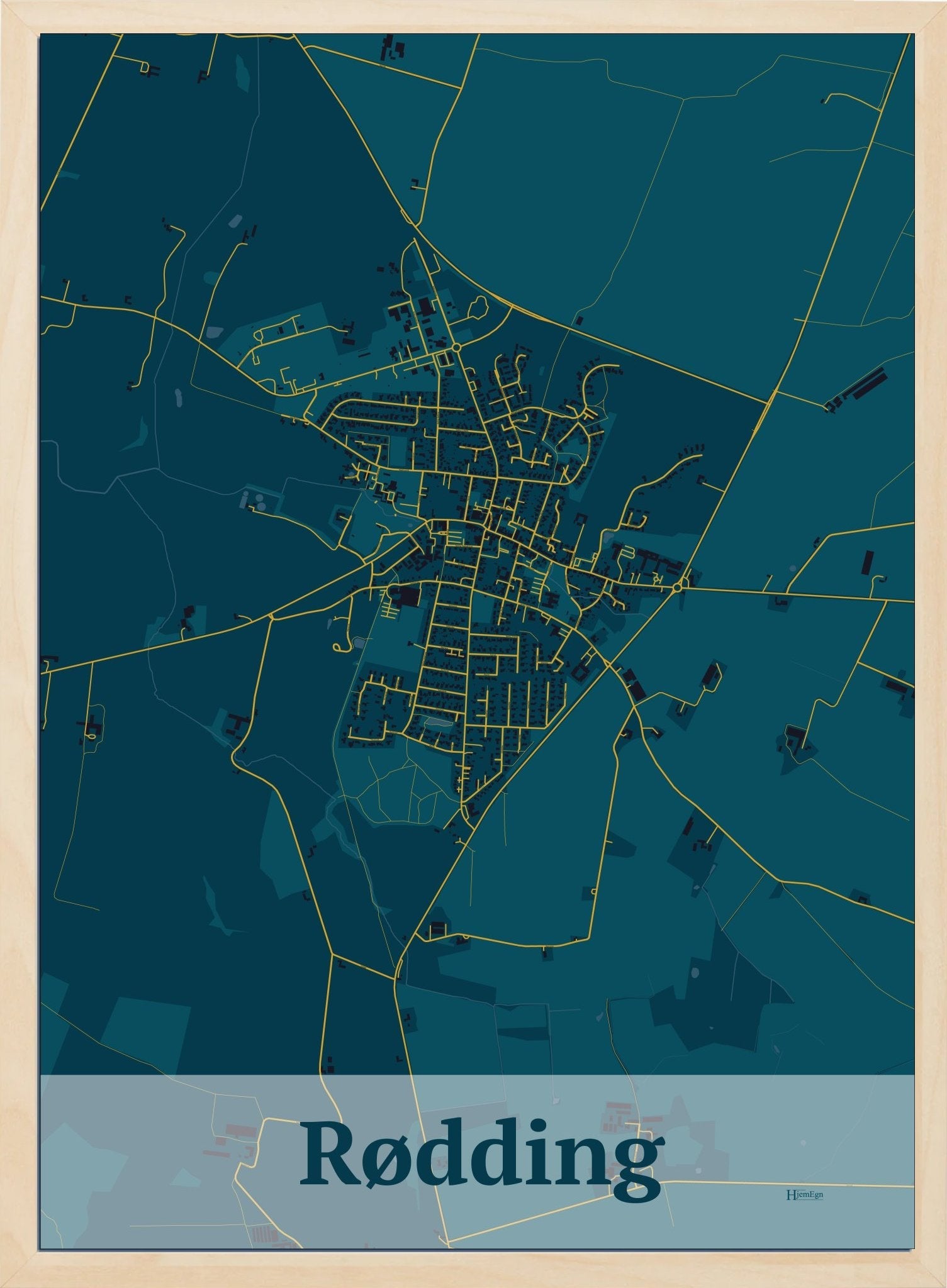 Rødding plakat i farve mørk blå og HjemEgn.dk design firkantet. Design bykort for Rødding