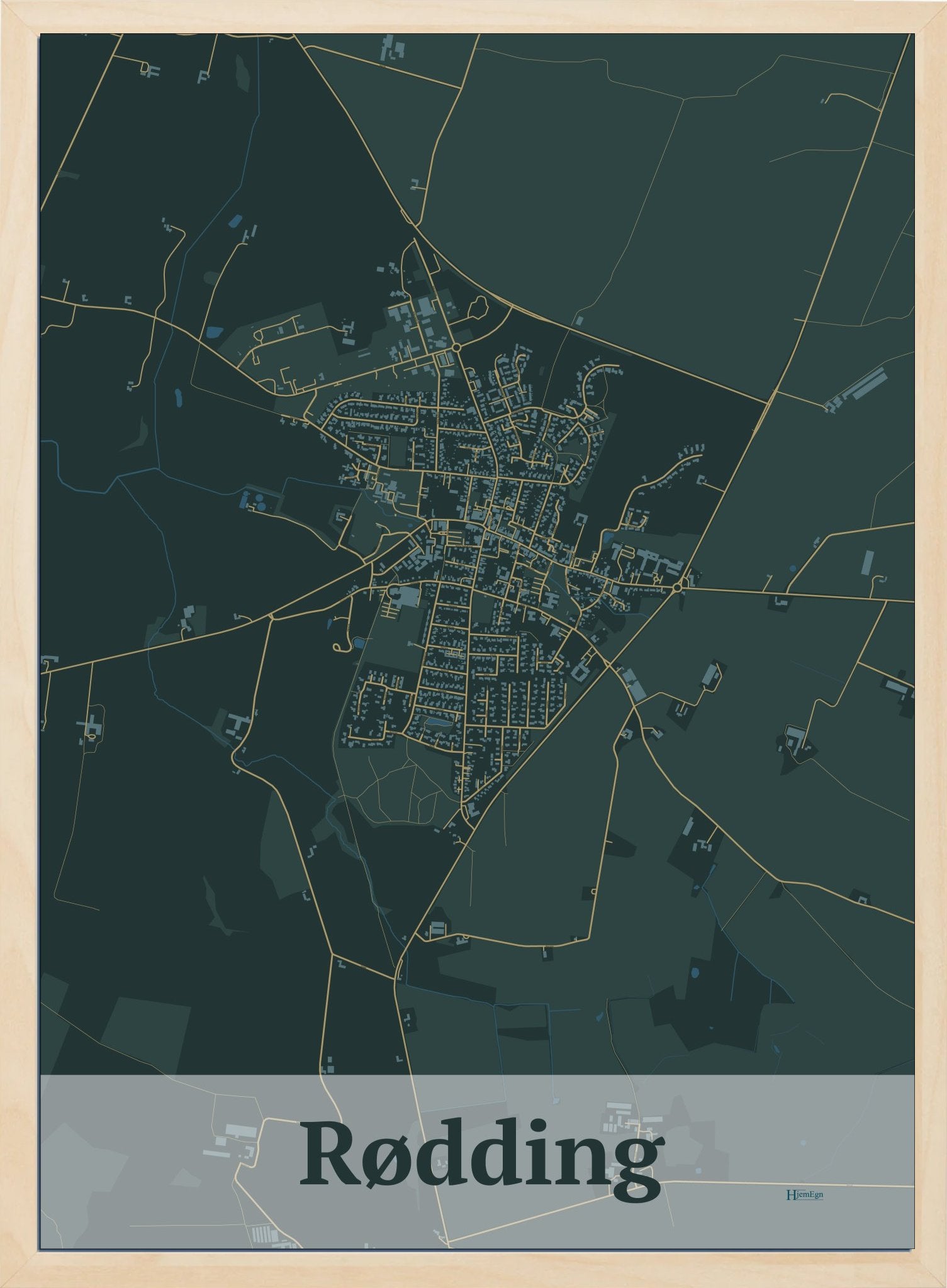 Rødding plakat i farve mørk grøn og HjemEgn.dk design firkantet. Design bykort for Rødding