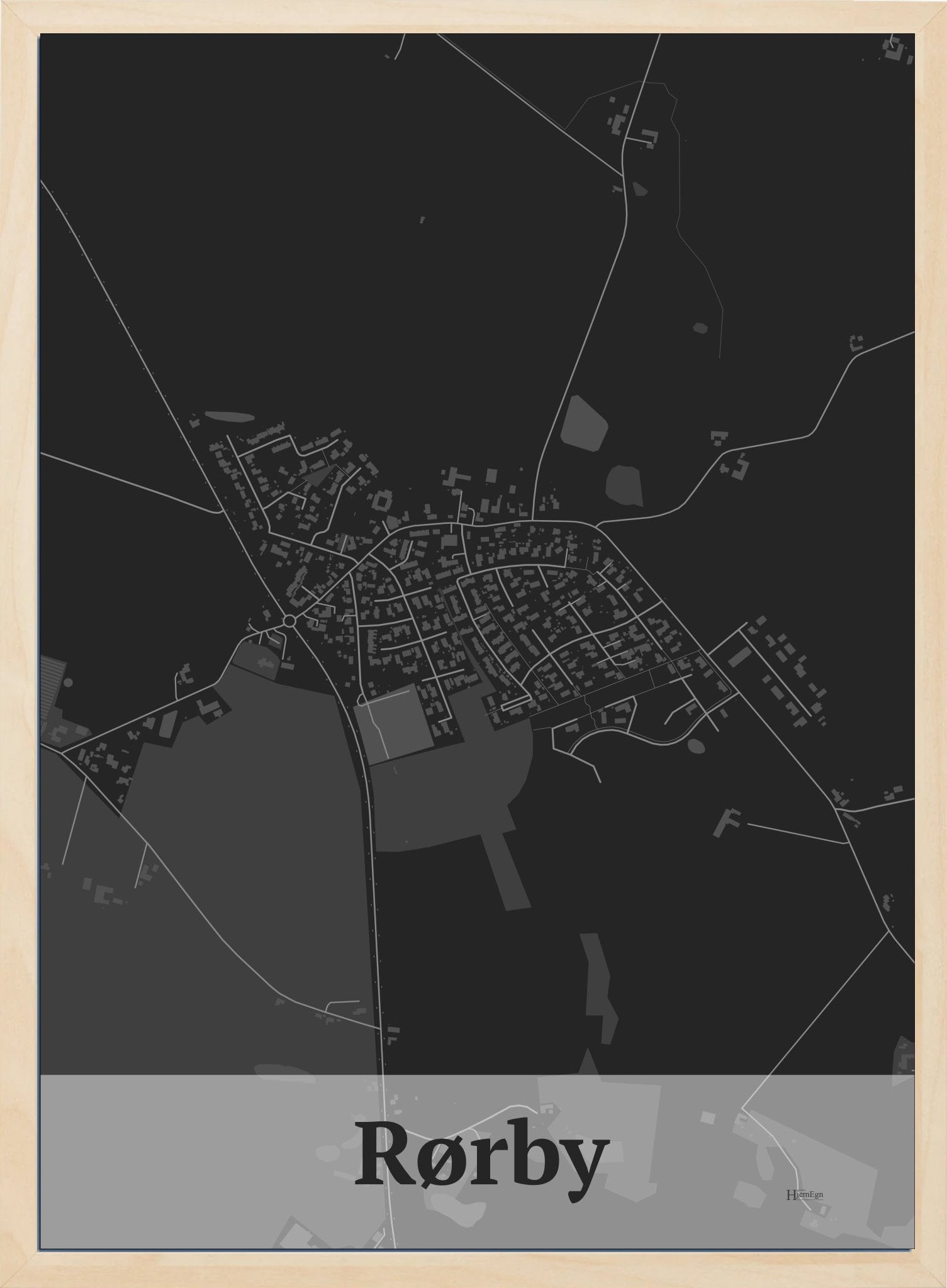 Rørby plakat i farve mørk grå og HjemEgn.dk design firkantet. Design bykort for Rørby