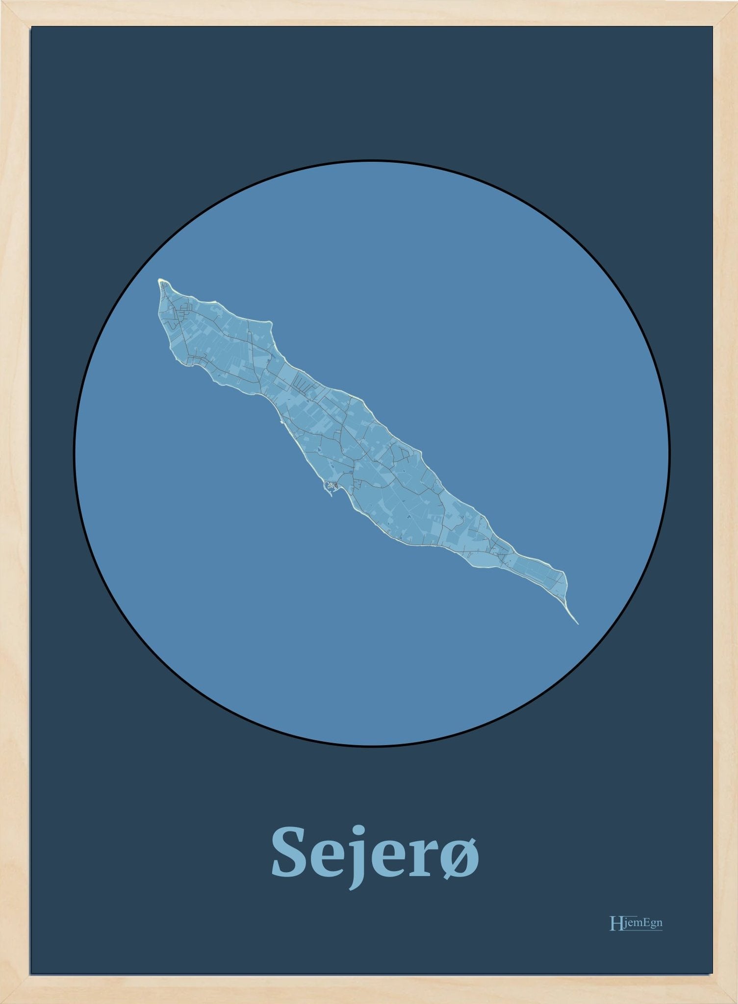 Sejerø plakat i farve pastel blå og HjemEgn.dk design centrum. Design ø-kort for Sejerø