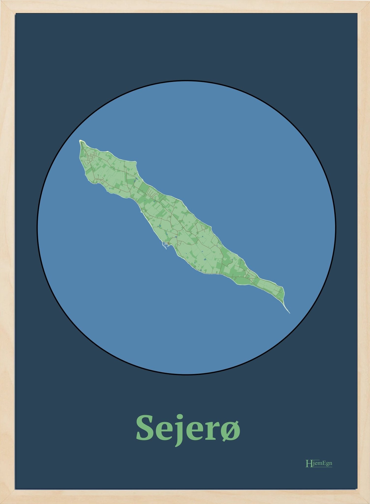Sejerø plakat i farve pastel grøn og HjemEgn.dk design centrum. Design ø-kort for Sejerø