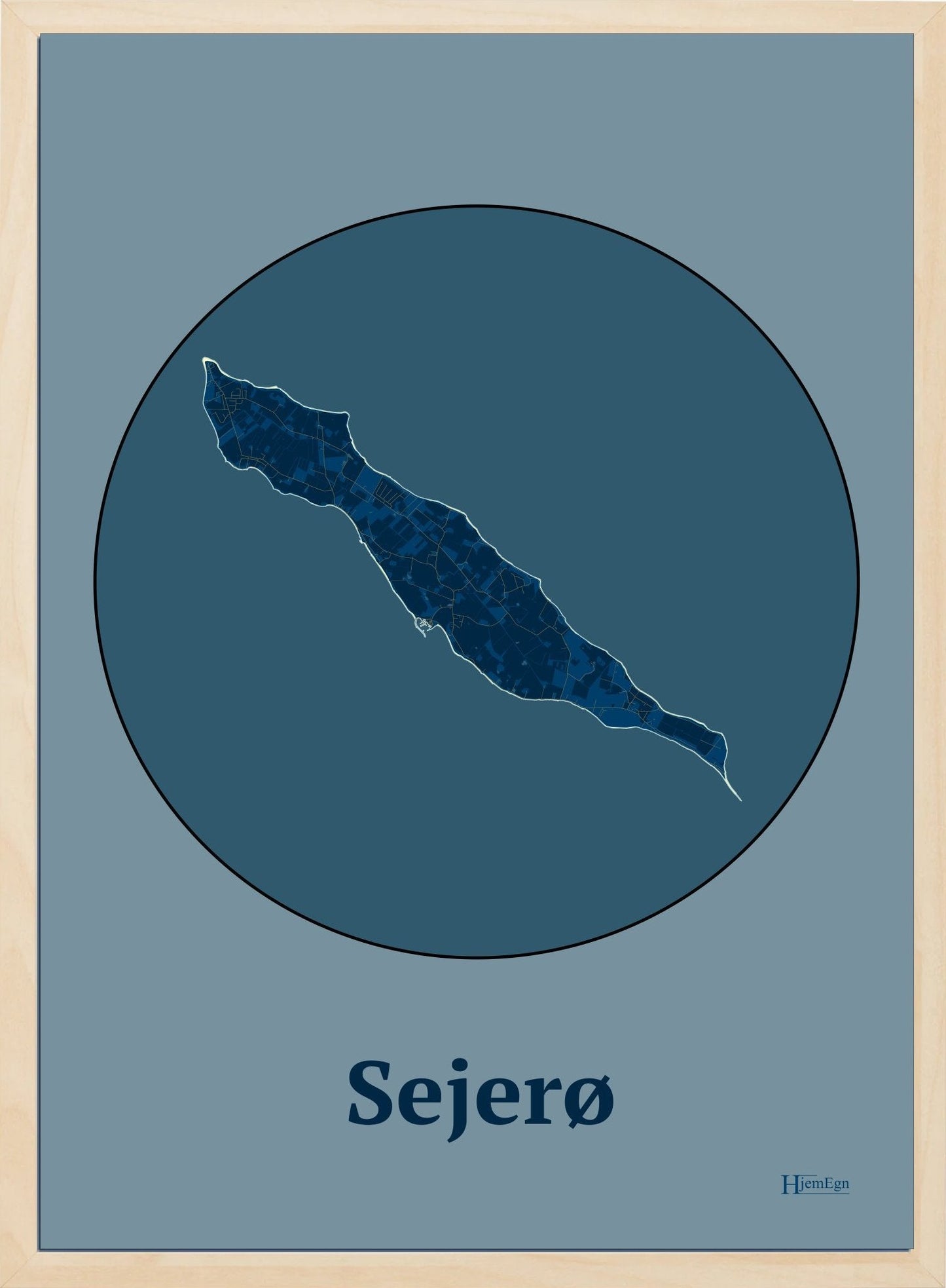 Sejerø plakat i farve mørk blå og HjemEgn.dk design centrum. Design ø-kort for Sejerø