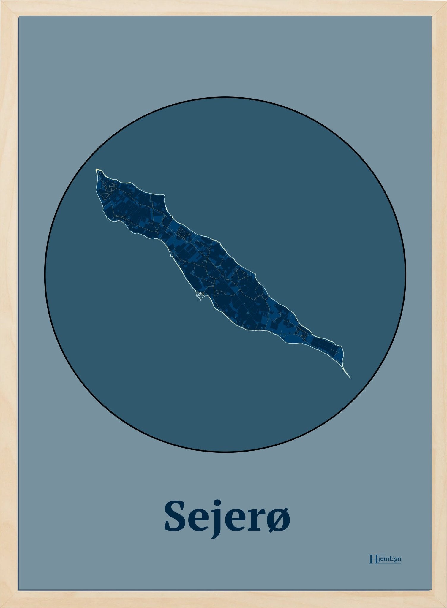 Sejerø plakat i farve mørk blå og HjemEgn.dk design centrum. Design ø-kort for Sejerø