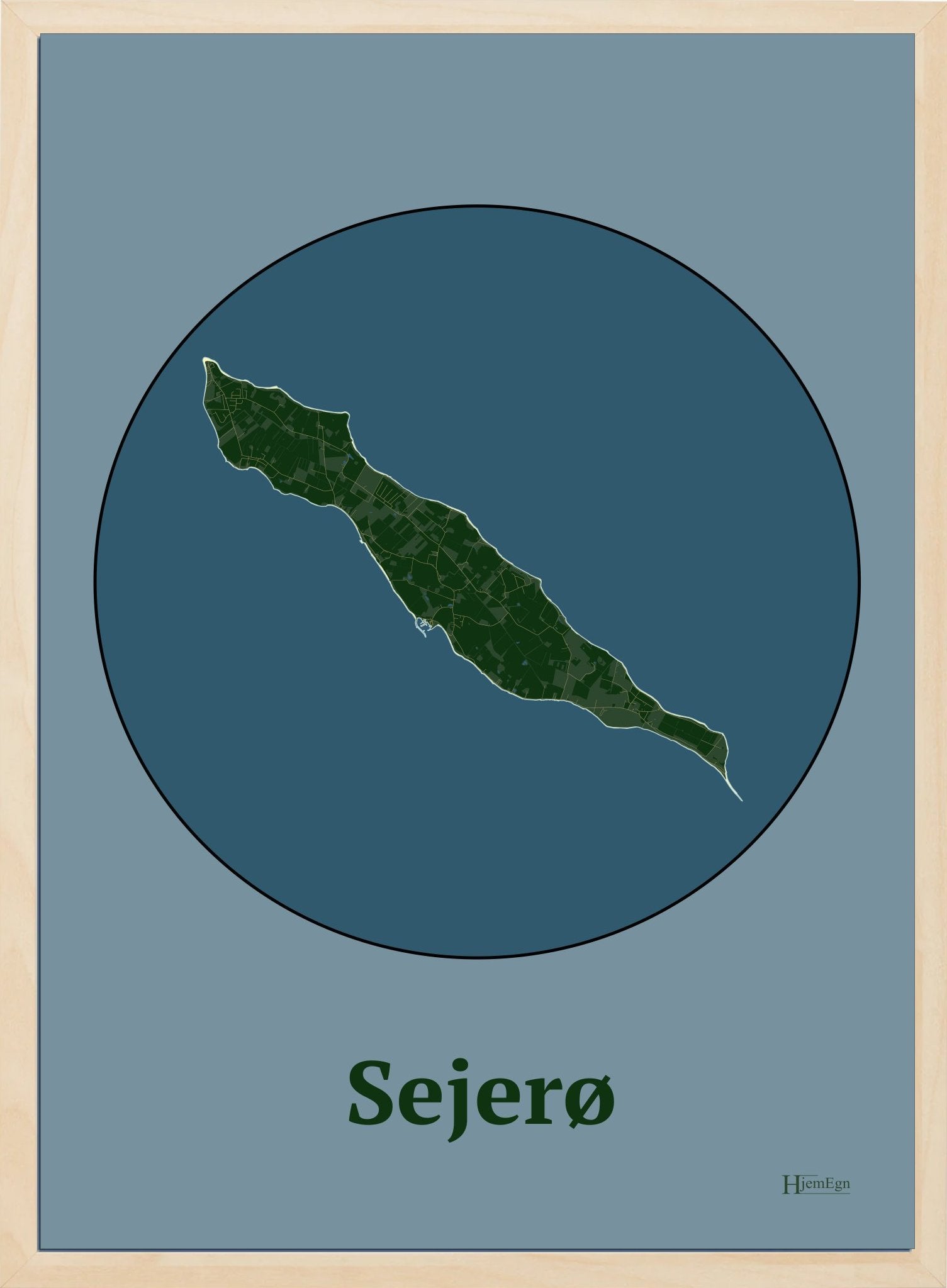 Sejerø plakat i farve mørk grøn og HjemEgn.dk design centrum. Design ø-kort for Sejerø