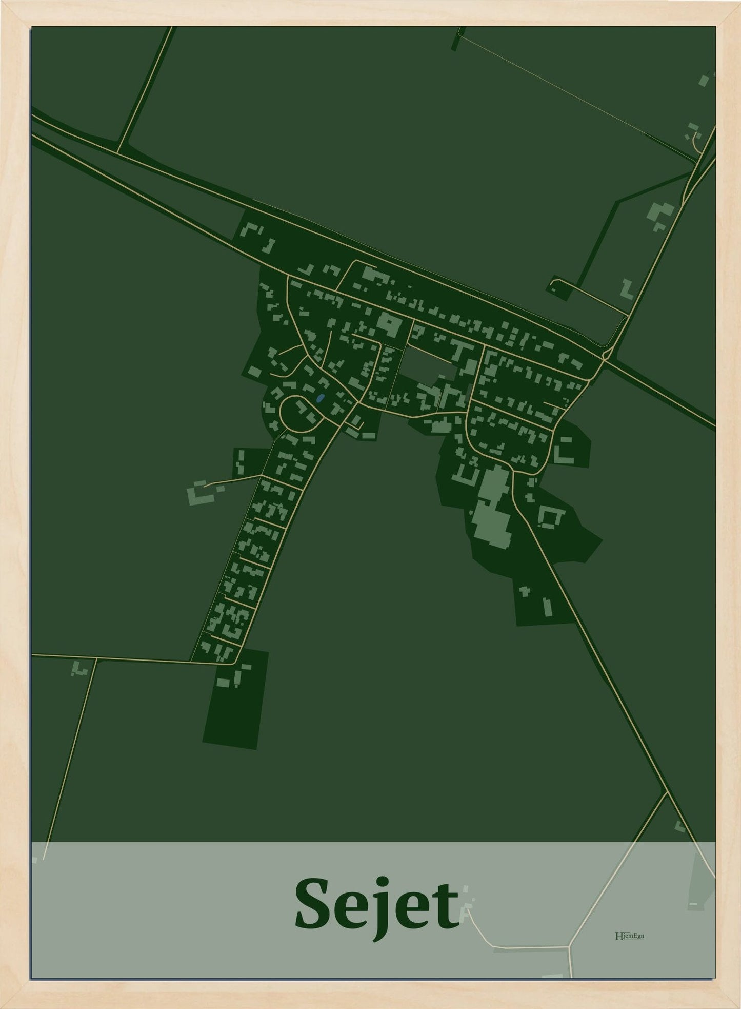 Sejet plakat i farve mørk grøn og HjemEgn.dk design firkantet. Design bykort for Sejet