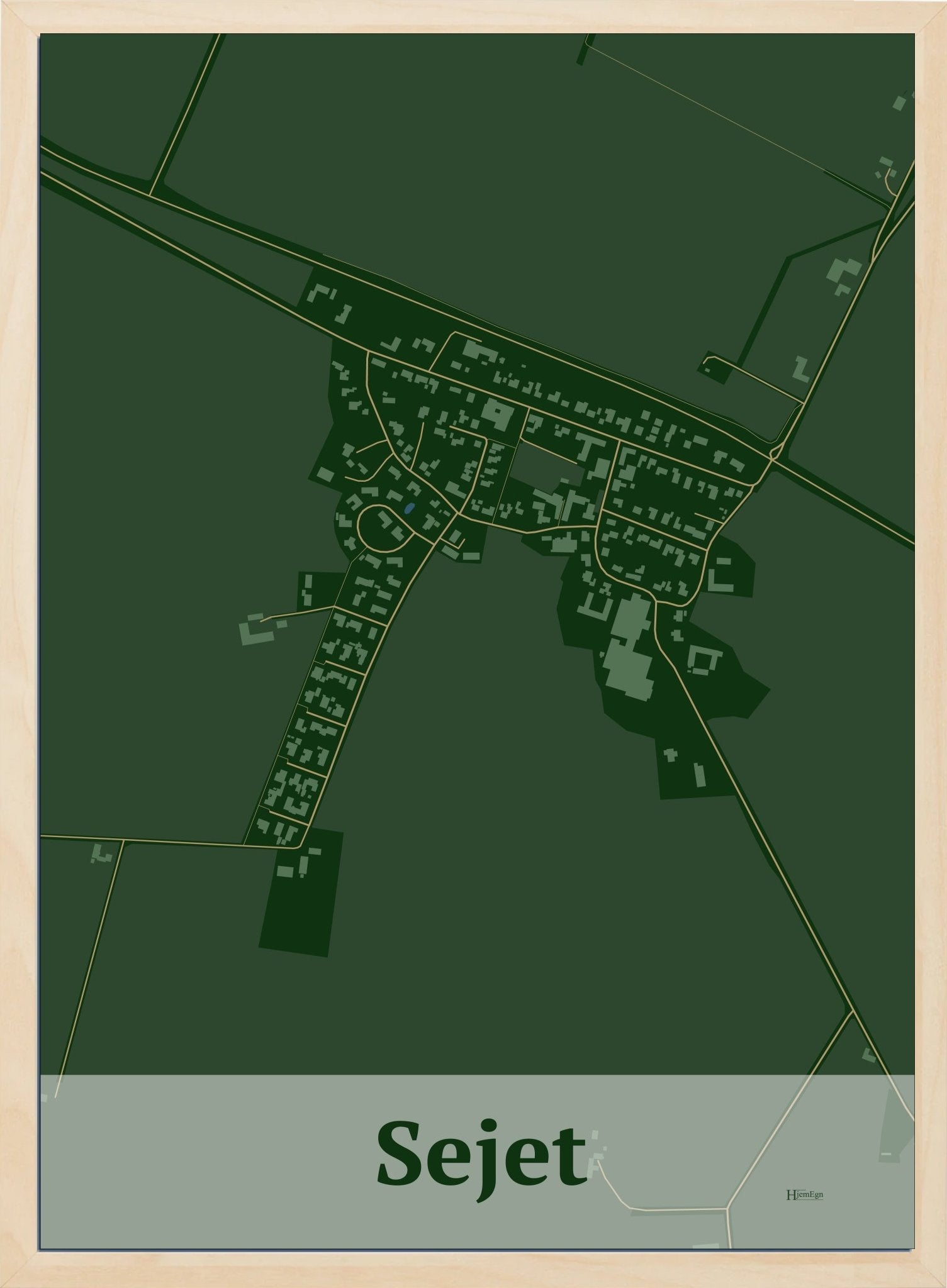 Sejet plakat i farve mørk grøn og HjemEgn.dk design firkantet. Design bykort for Sejet