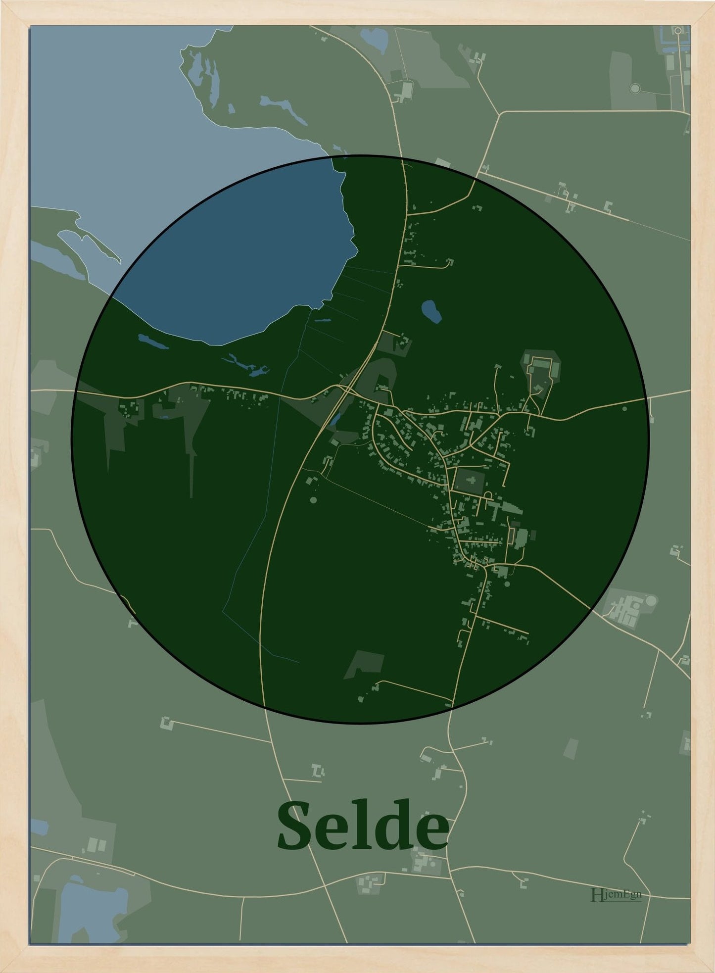 Selde plakat i farve mørk grøn og HjemEgn.dk design centrum. Design bykort for Selde