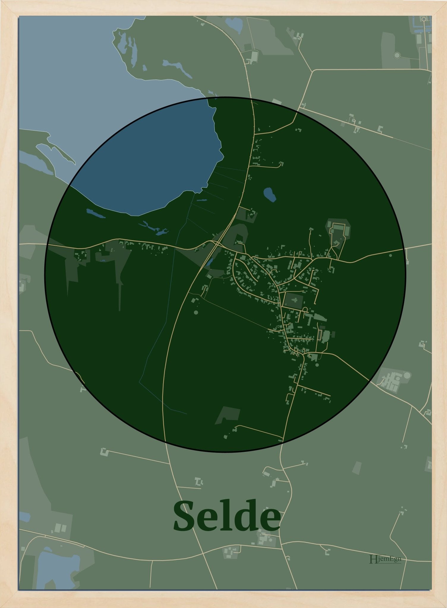 Selde plakat i farve mørk grøn og HjemEgn.dk design centrum. Design bykort for Selde
