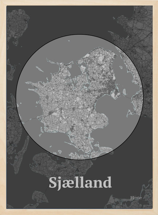 Sjælland plakat i farve pastel grå og HjemEgn.dk design centrum. Design bykort for Sjælland