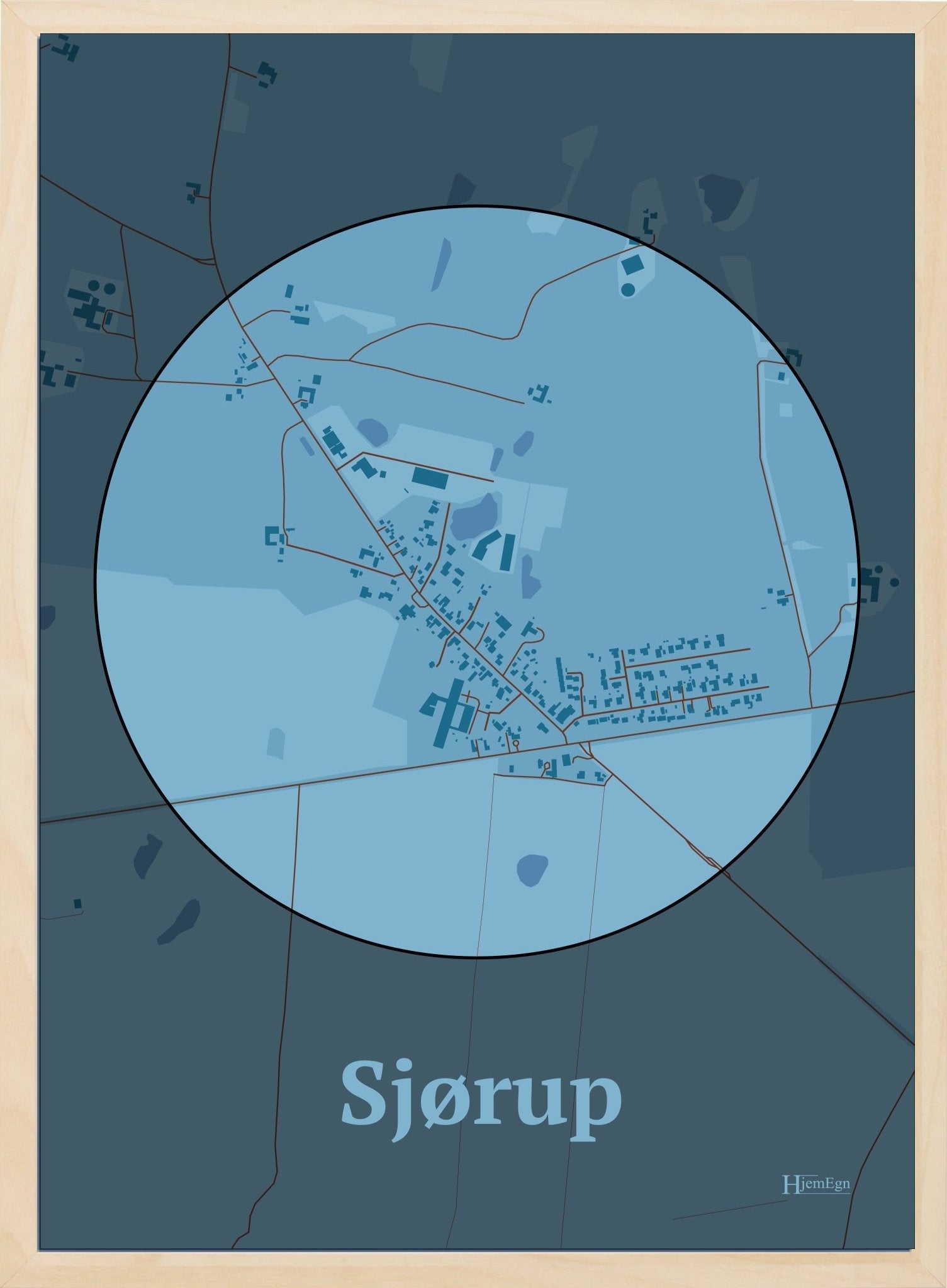Sjørup plakat i farve pastel blå og HjemEgn.dk design centrum. Design bykort for Sjørup