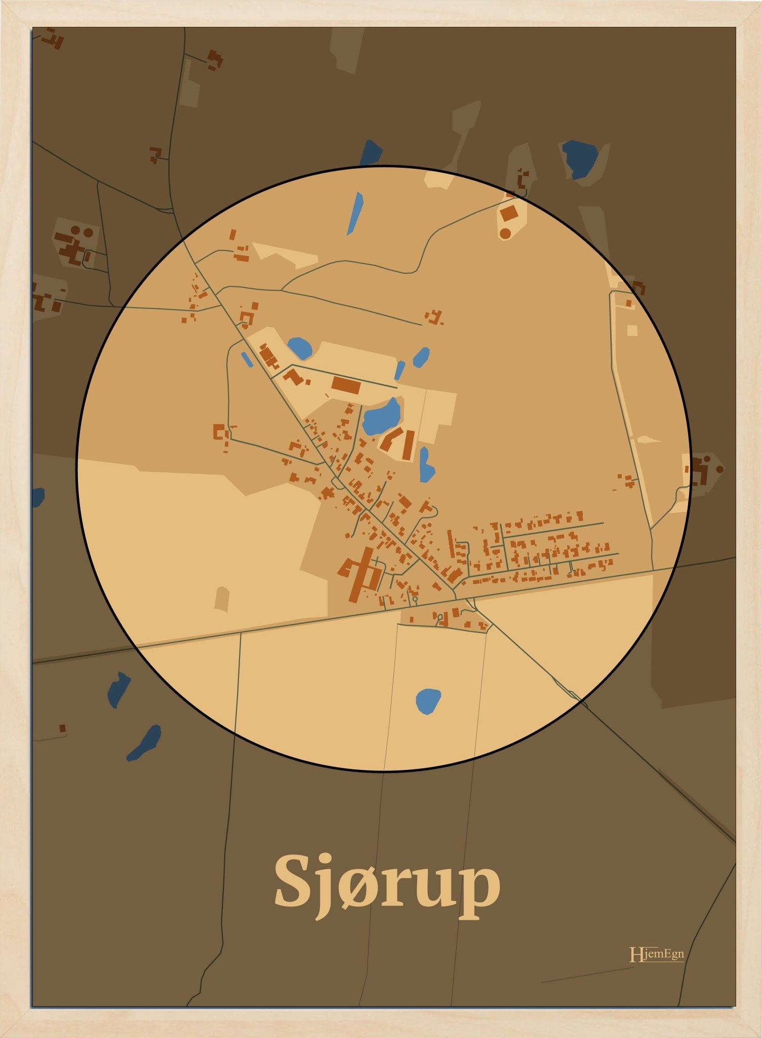 Sjørup plakat i farve pastel brun og HjemEgn.dk design centrum. Design bykort for Sjørup