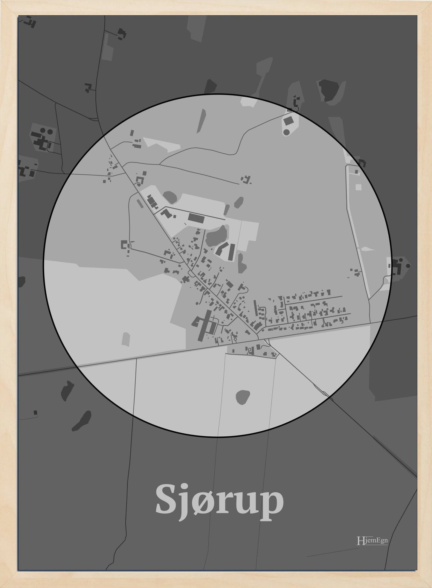 Sjørup plakat i farve pastel grå og HjemEgn.dk design centrum. Design bykort for Sjørup
