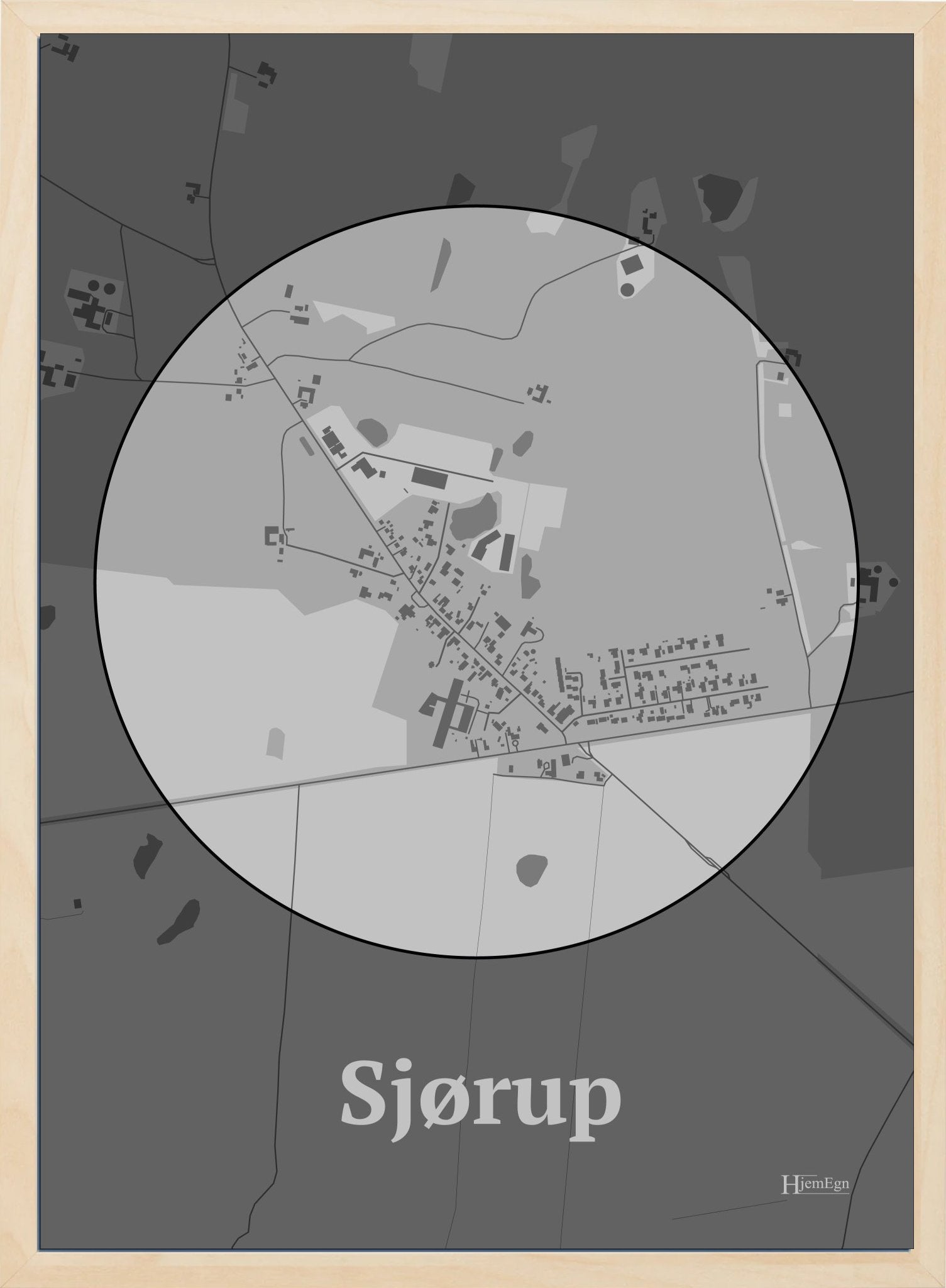 Sjørup plakat i farve pastel grå og HjemEgn.dk design centrum. Design bykort for Sjørup
