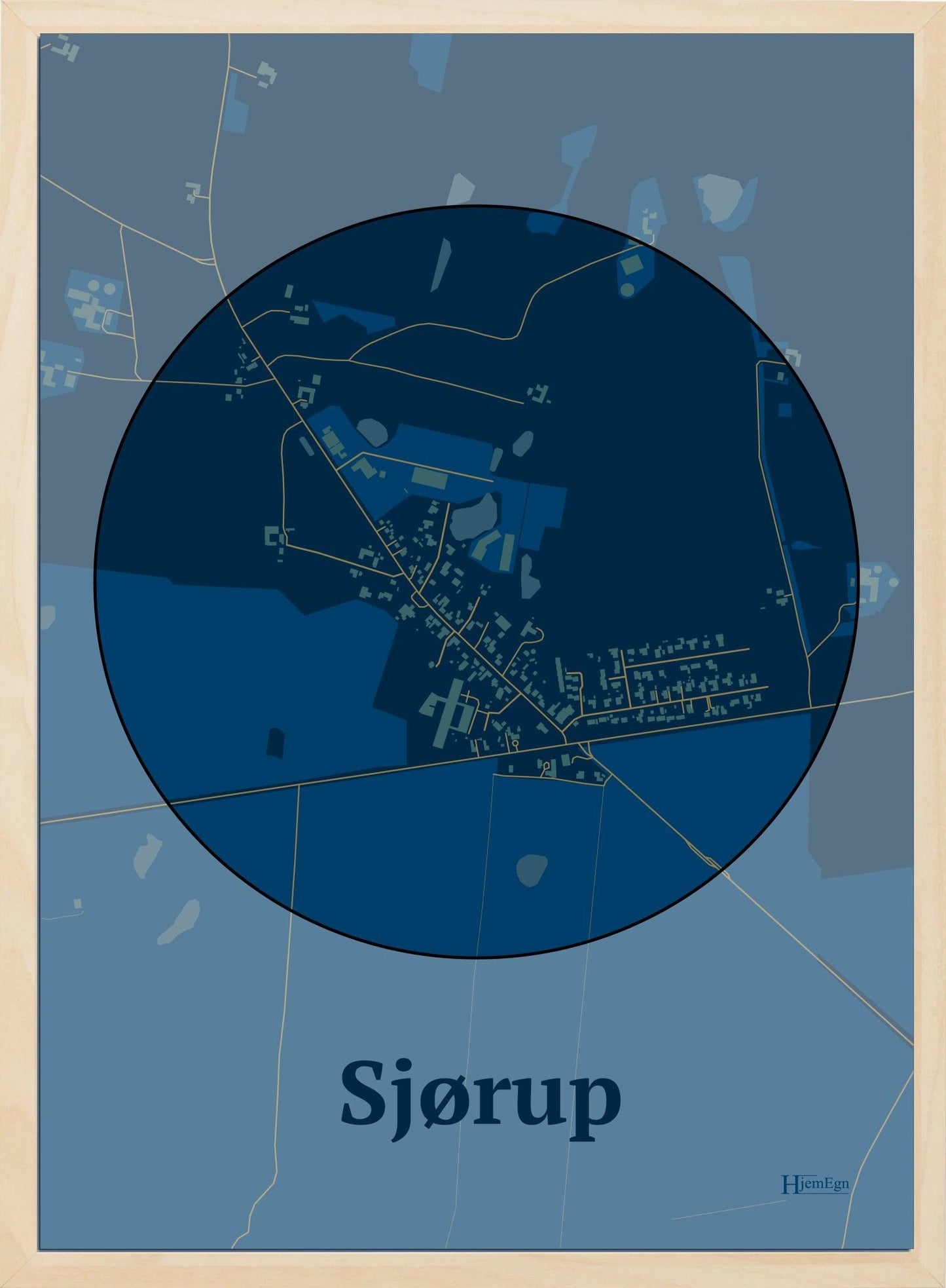 Sjørup plakat i farve mørk blå og HjemEgn.dk design centrum. Design bykort for Sjørup