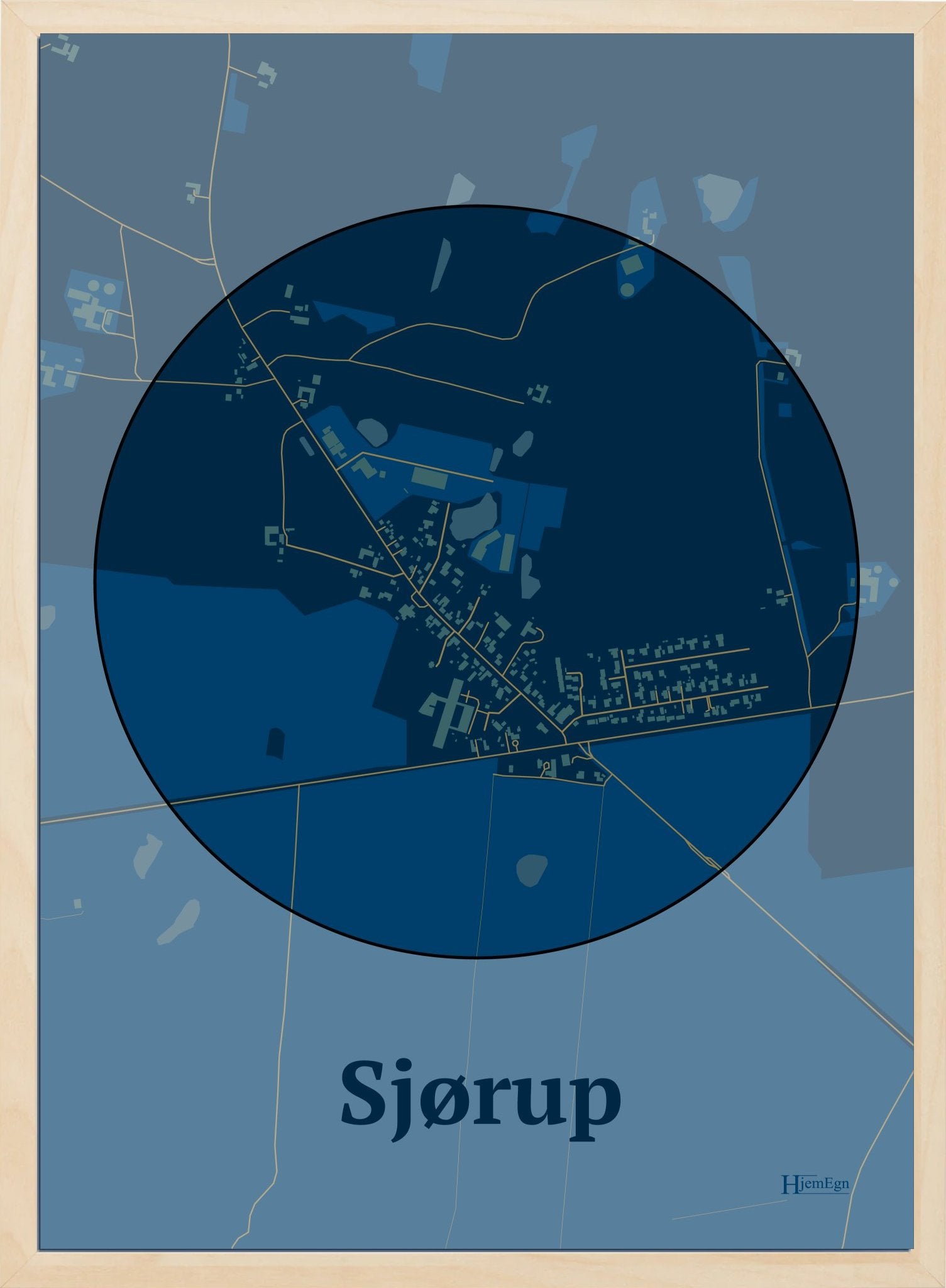 Sjørup plakat i farve mørk blå og HjemEgn.dk design centrum. Design bykort for Sjørup