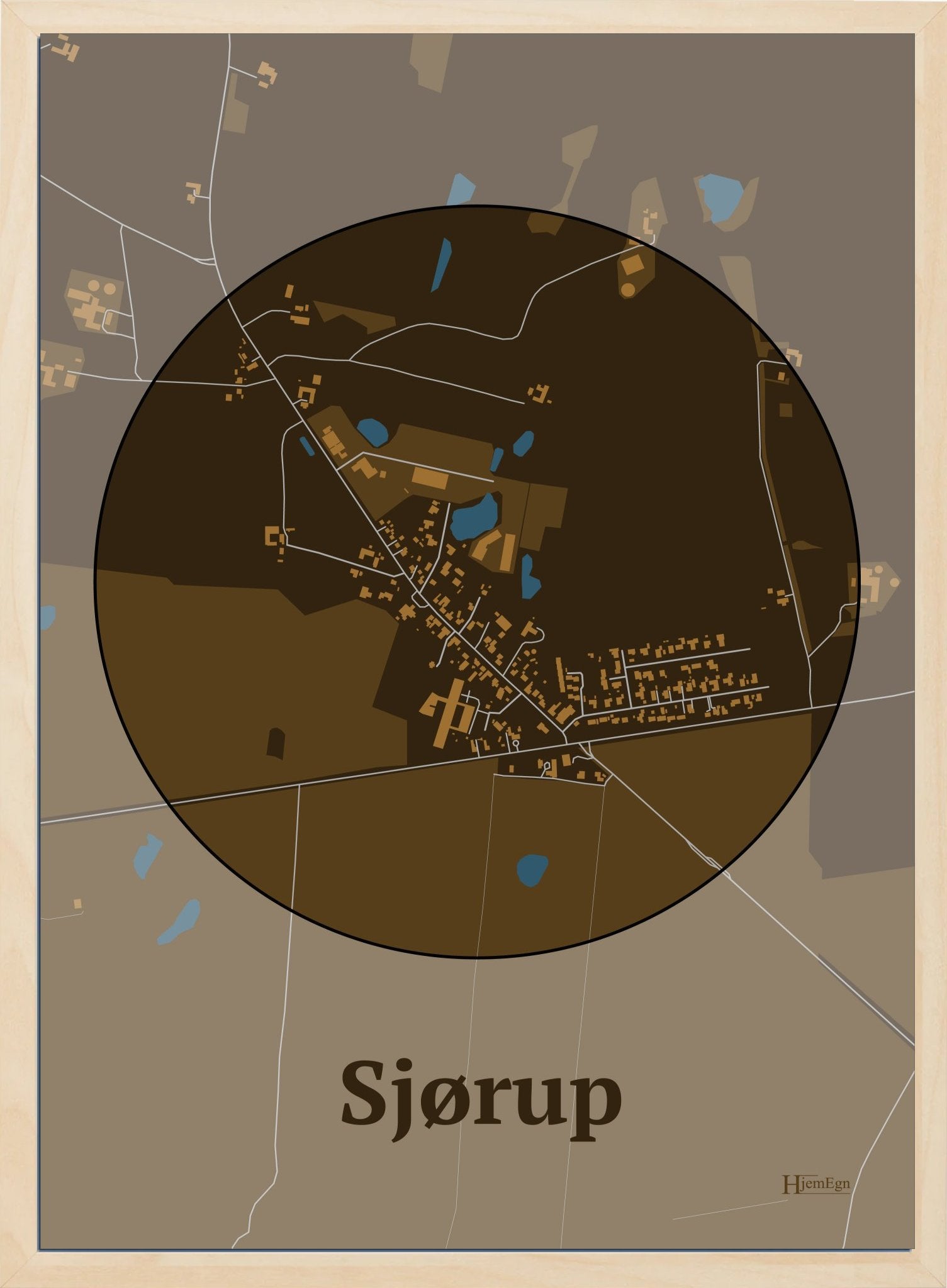 Sjørup plakat i farve mørk brun og HjemEgn.dk design centrum. Design bykort for Sjørup