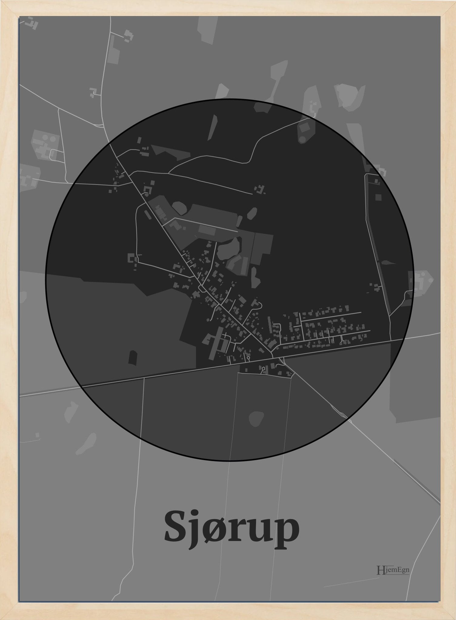 Sjørup plakat i farve mørk grå og HjemEgn.dk design centrum. Design bykort for Sjørup