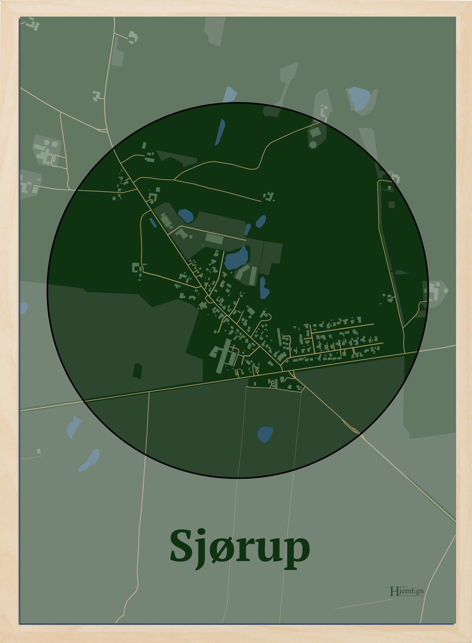 Sjørup plakat i farve mørk grøn og HjemEgn.dk design centrum. Design bykort for Sjørup