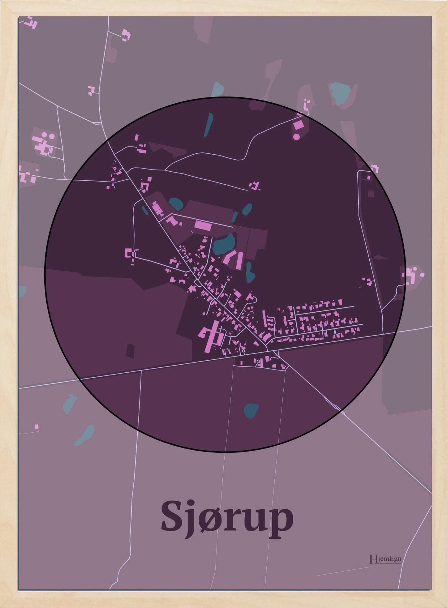 Sjørup plakat i farve mørk rød og HjemEgn.dk design centrum. Design bykort for Sjørup