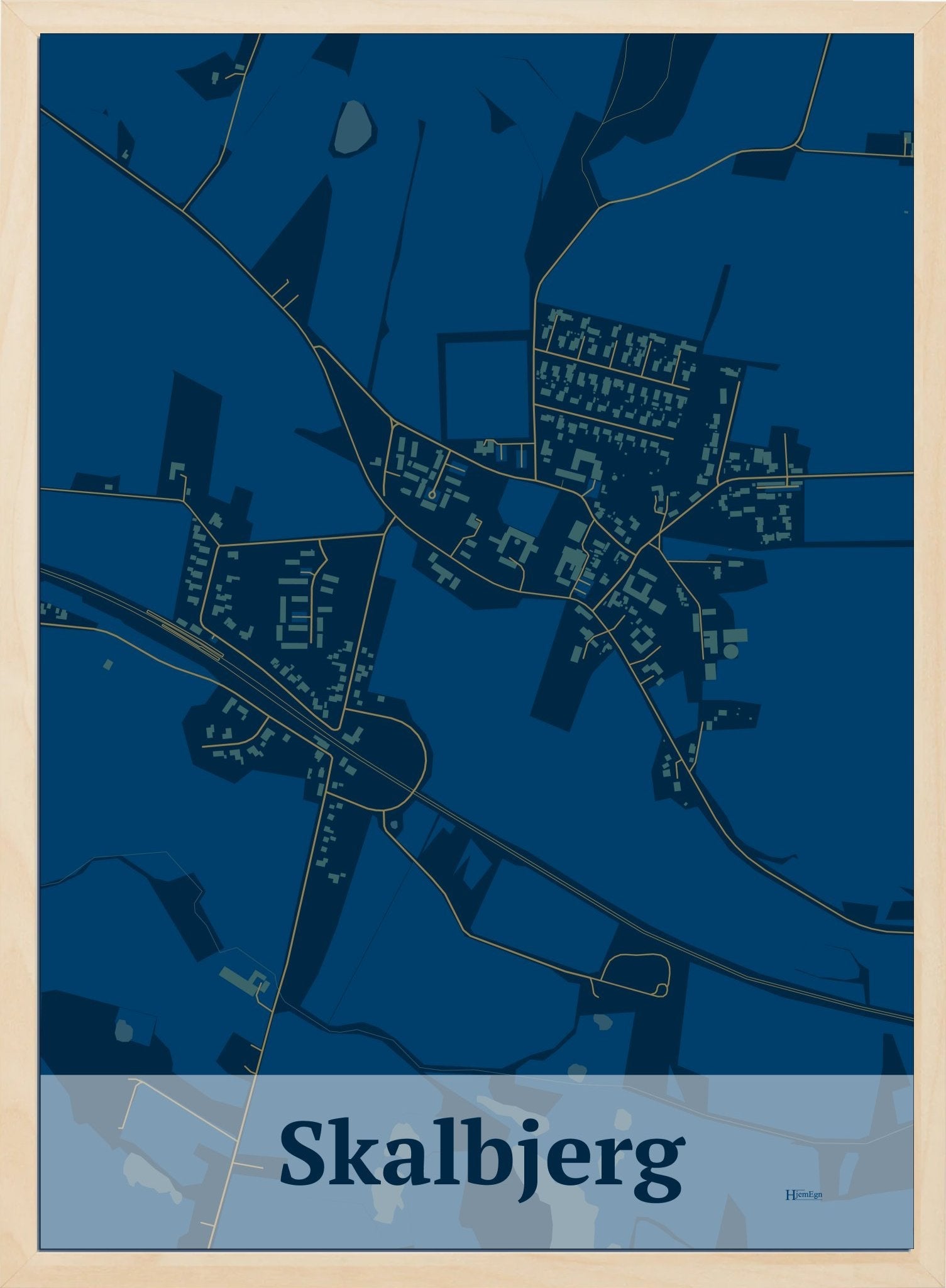 Skalbjerg plakat i farve mørk blå og HjemEgn.dk design firkantet. Design bykort for Skalbjerg