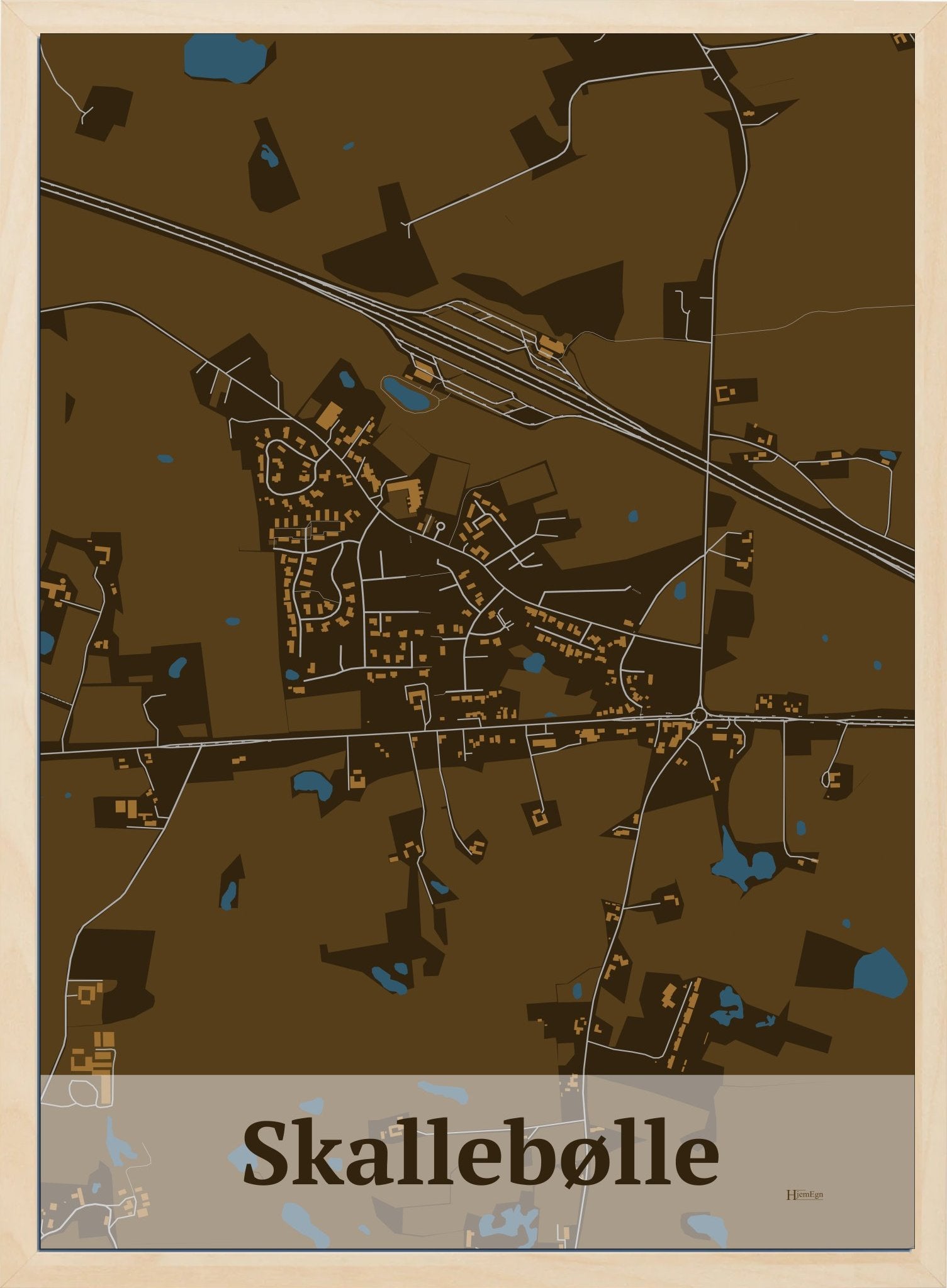 Skallebølle plakat i farve mørk brun og HjemEgn.dk design firkantet. Design bykort for Skallebølle