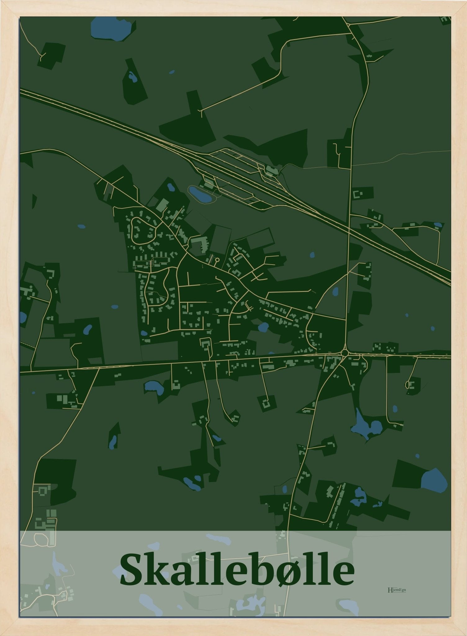 Skallebølle plakat i farve mørk grøn og HjemEgn.dk design firkantet. Design bykort for Skallebølle