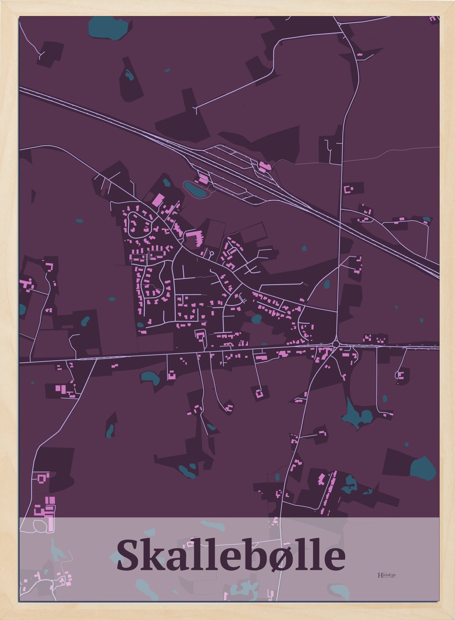 Skallebølle plakat i farve mørk rød og HjemEgn.dk design firkantet. Design bykort for Skallebølle