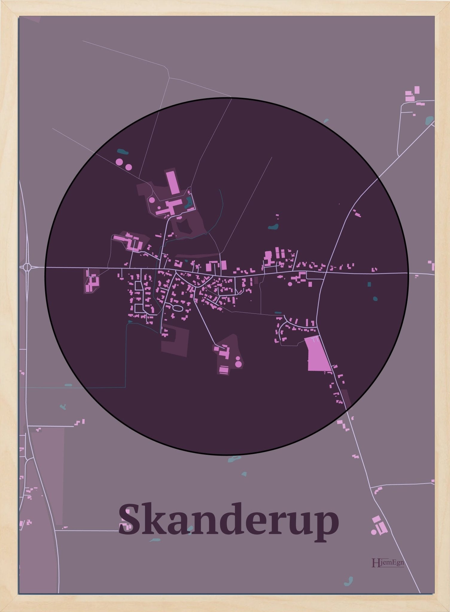 Skanderup plakat i farve mørk rød og HjemEgn.dk design centrum. Design bykort for Skanderup