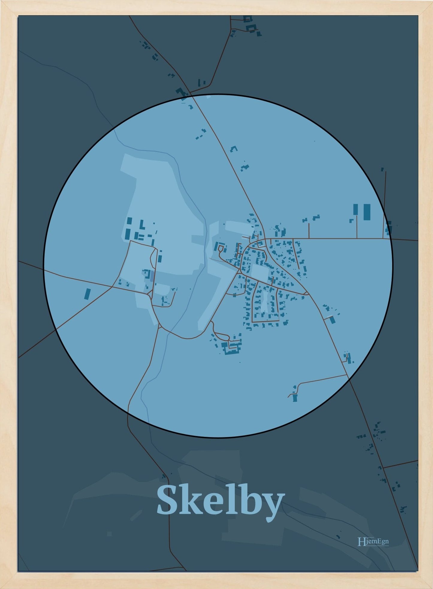 Skelby plakat i farve pastel blå og HjemEgn.dk design centrum. Design bykort for Skelby