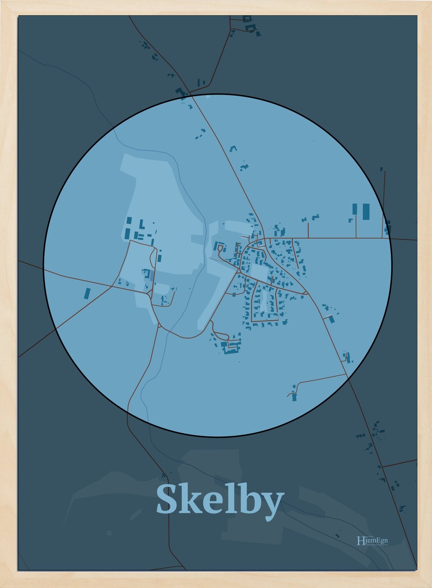Skelby plakat i farve pastel blå og HjemEgn.dk design centrum. Design bykort for Skelby