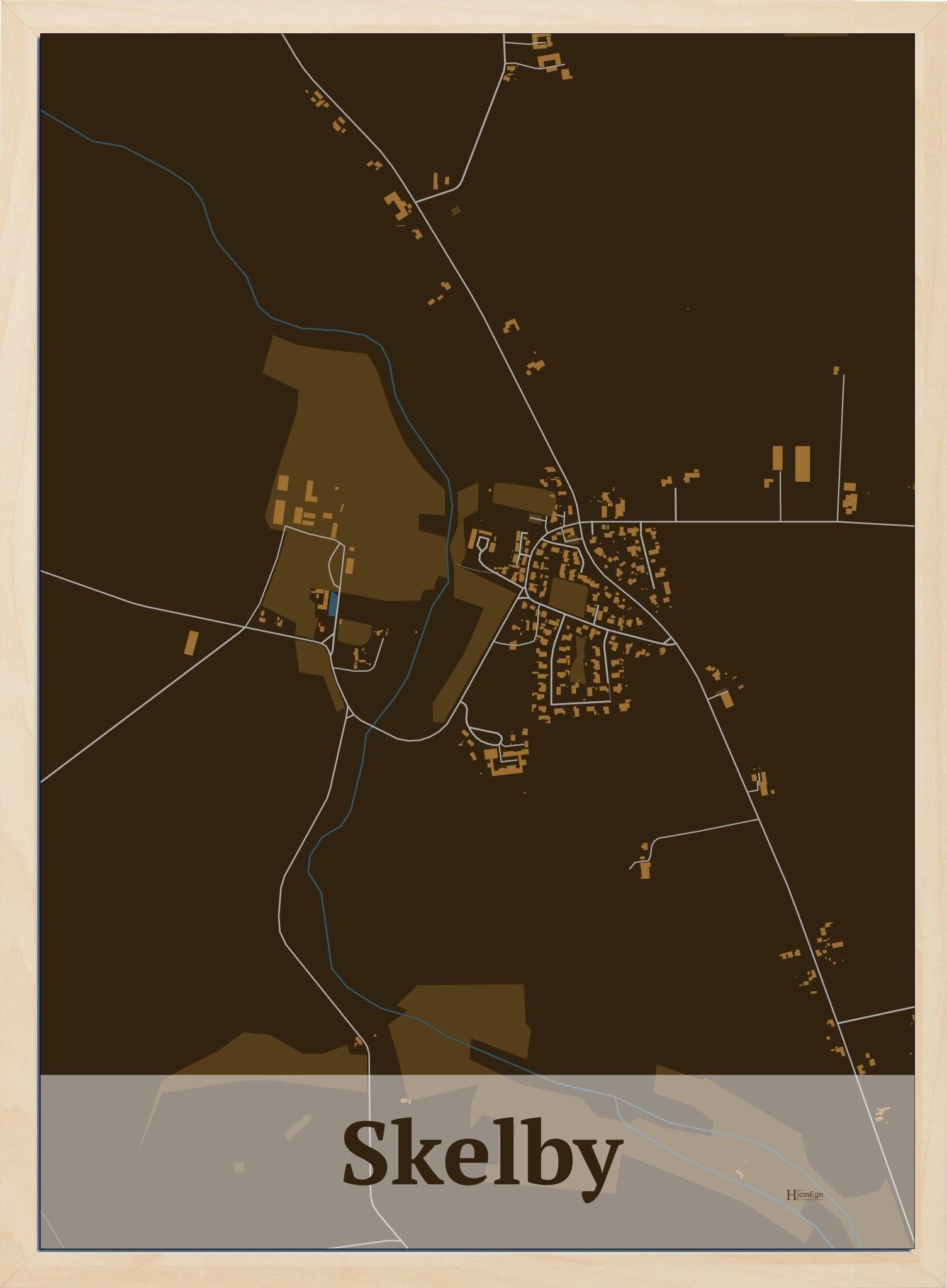 Skelby plakat i farve mørk brun og HjemEgn.dk design firkantet. Design bykort for Skelby