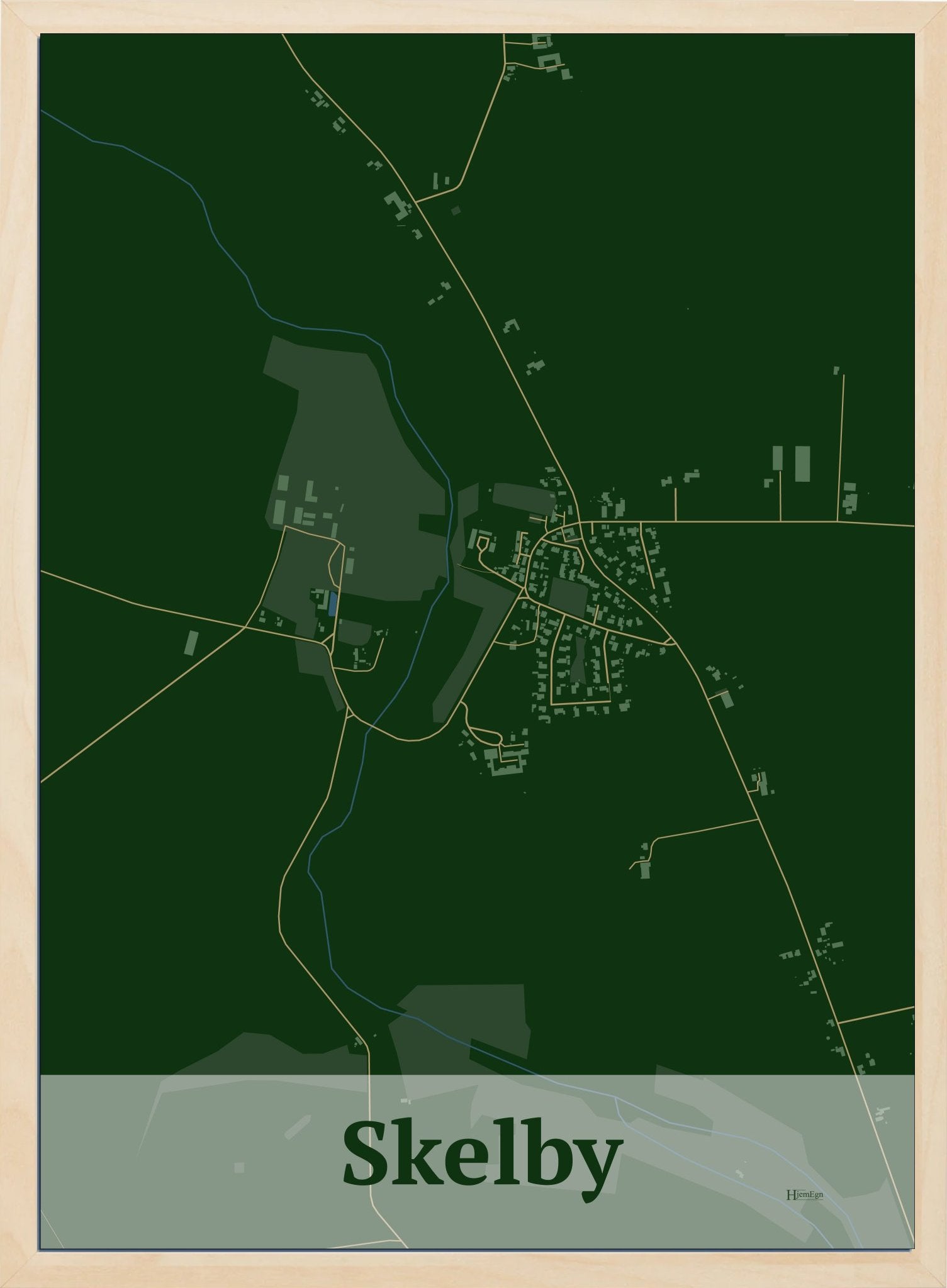 Skelby plakat i farve mørk grøn og HjemEgn.dk design firkantet. Design bykort for Skelby