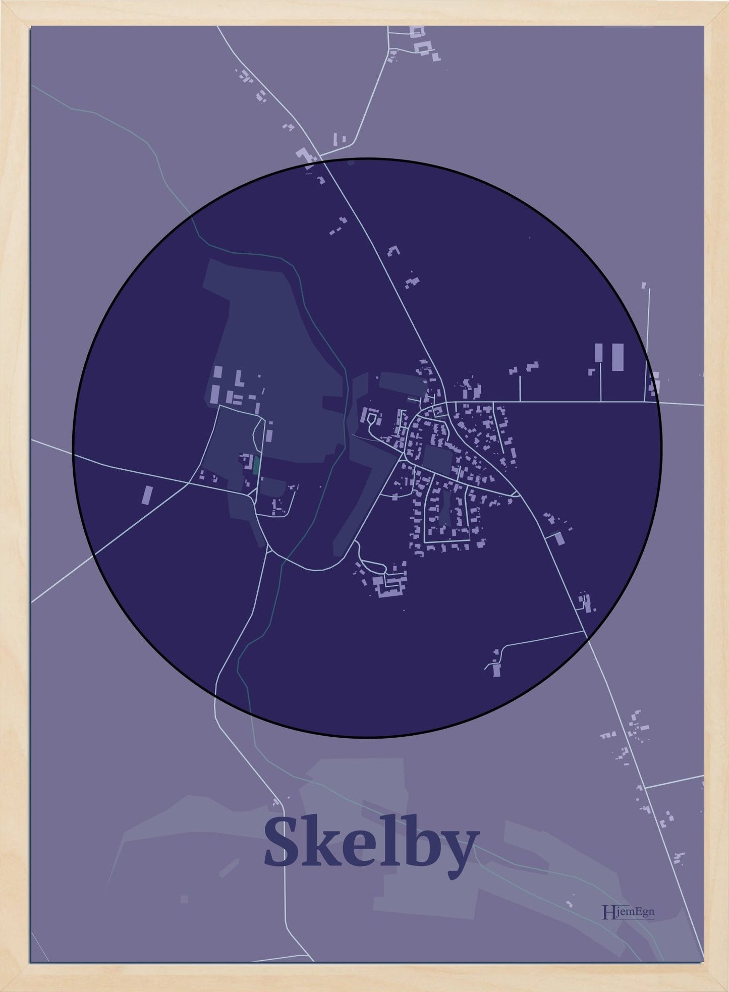 Skelby plakat i farve mørk lilla og HjemEgn.dk design centrum. Design bykort for Skelby