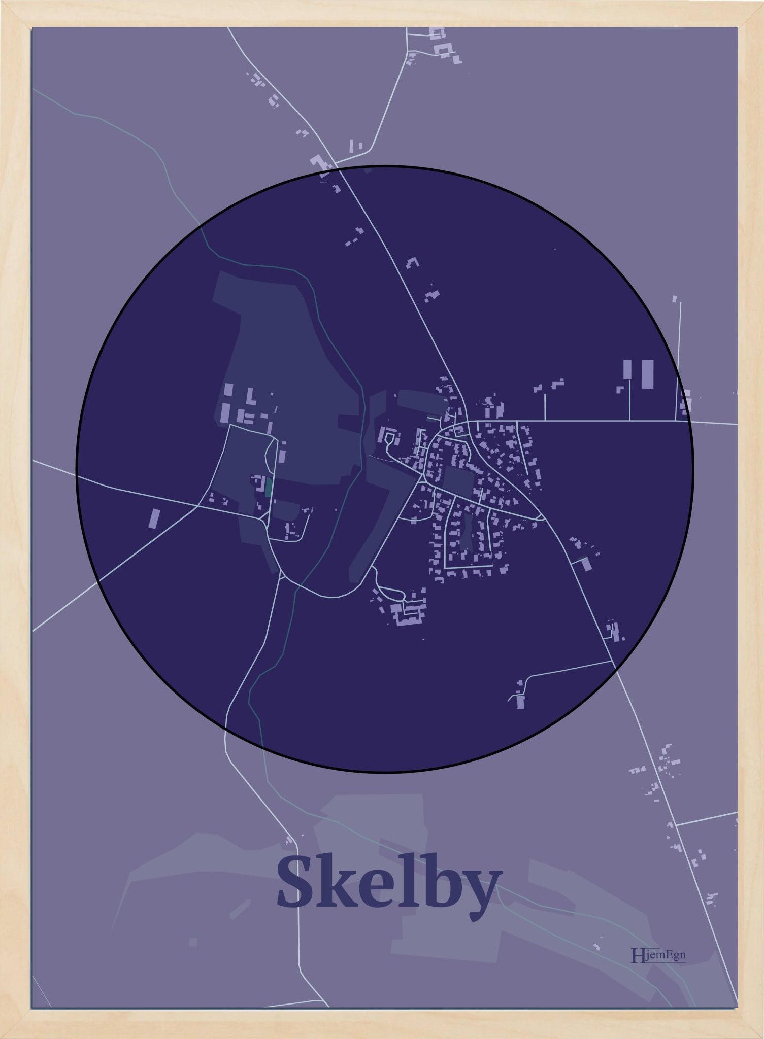 Skelby plakat i farve mørk lilla og HjemEgn.dk design centrum. Design bykort for Skelby