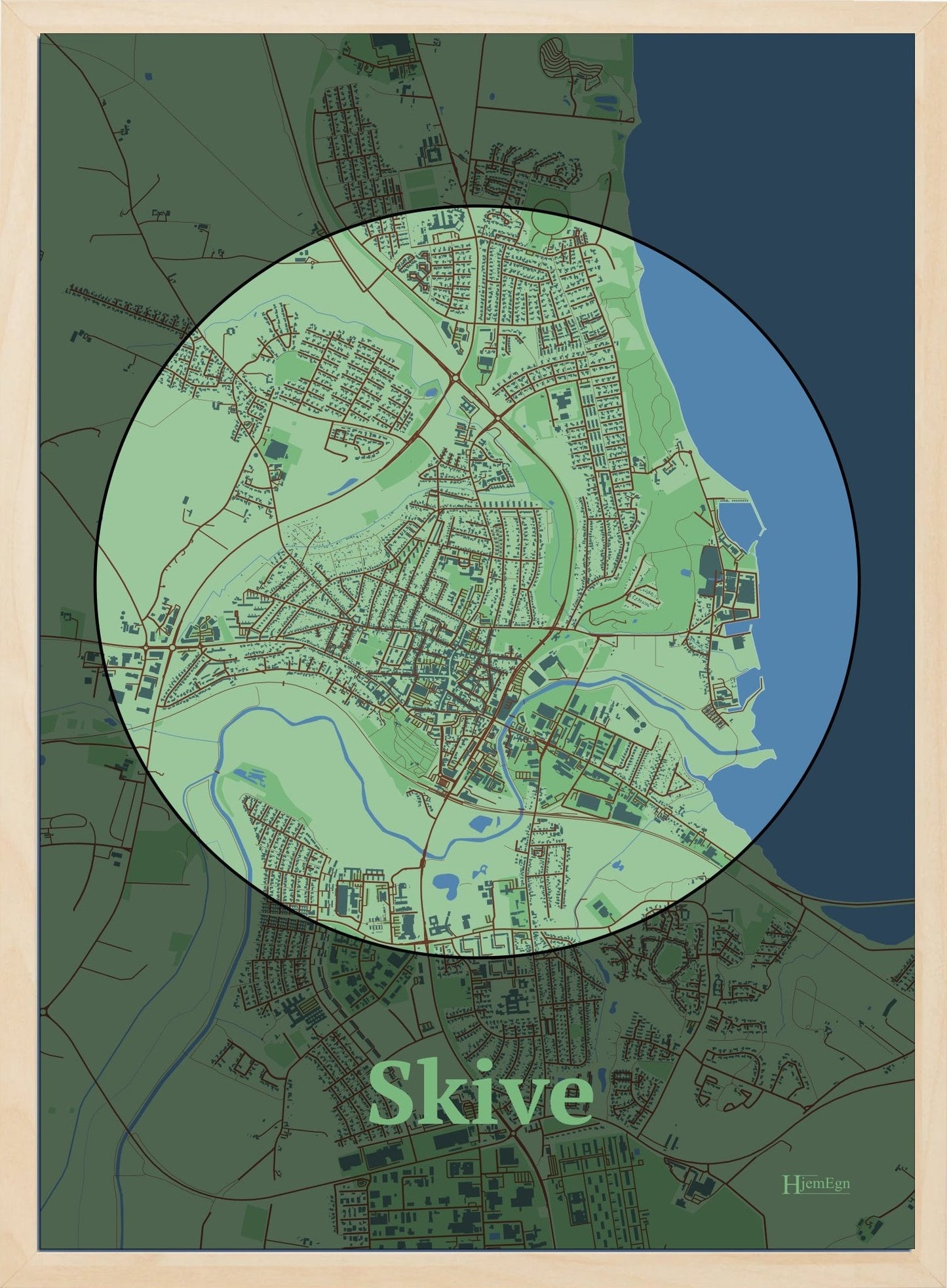Skive plakat i farve pastel grøn og HjemEgn.dk design centrum. Design bykort for Skive